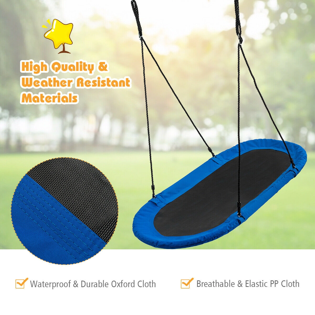 SUGIFT Kids Blue Outdoor Oval Saucer Swing with Adjustable Ropes 60-in W 32-in D 40-in to 63-in H 700-lb Swing Capacity