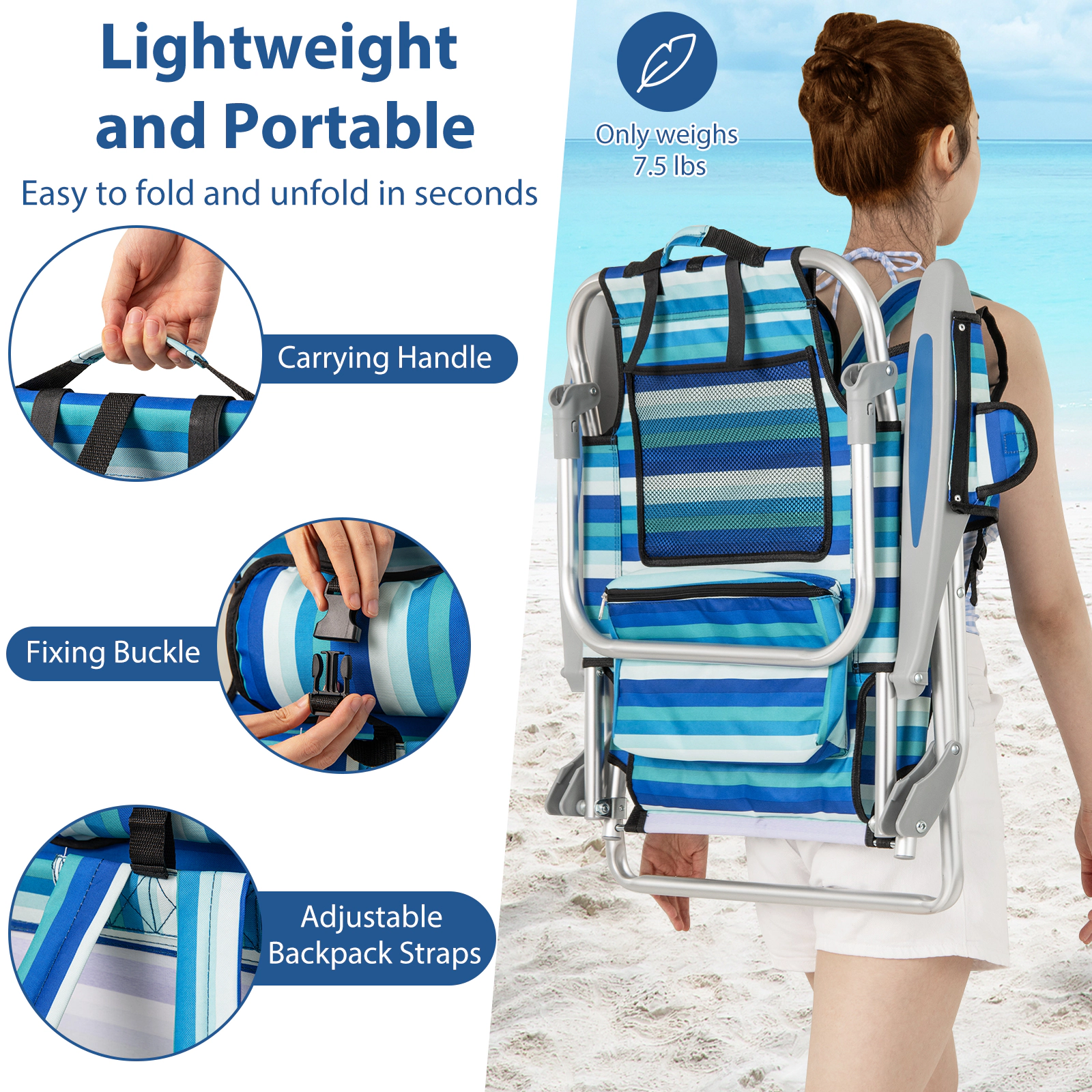 SUGIFT Set of 1 Folding Beach Chair for Adults 4-Position Adjustable Backrest 330-Lb Capacity 24.5-in Wide Seat Blue
