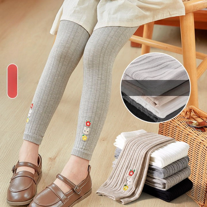 MyKids-USA Baby Girl Embroidered Pattern Solid Color Soft Cotton Leggings