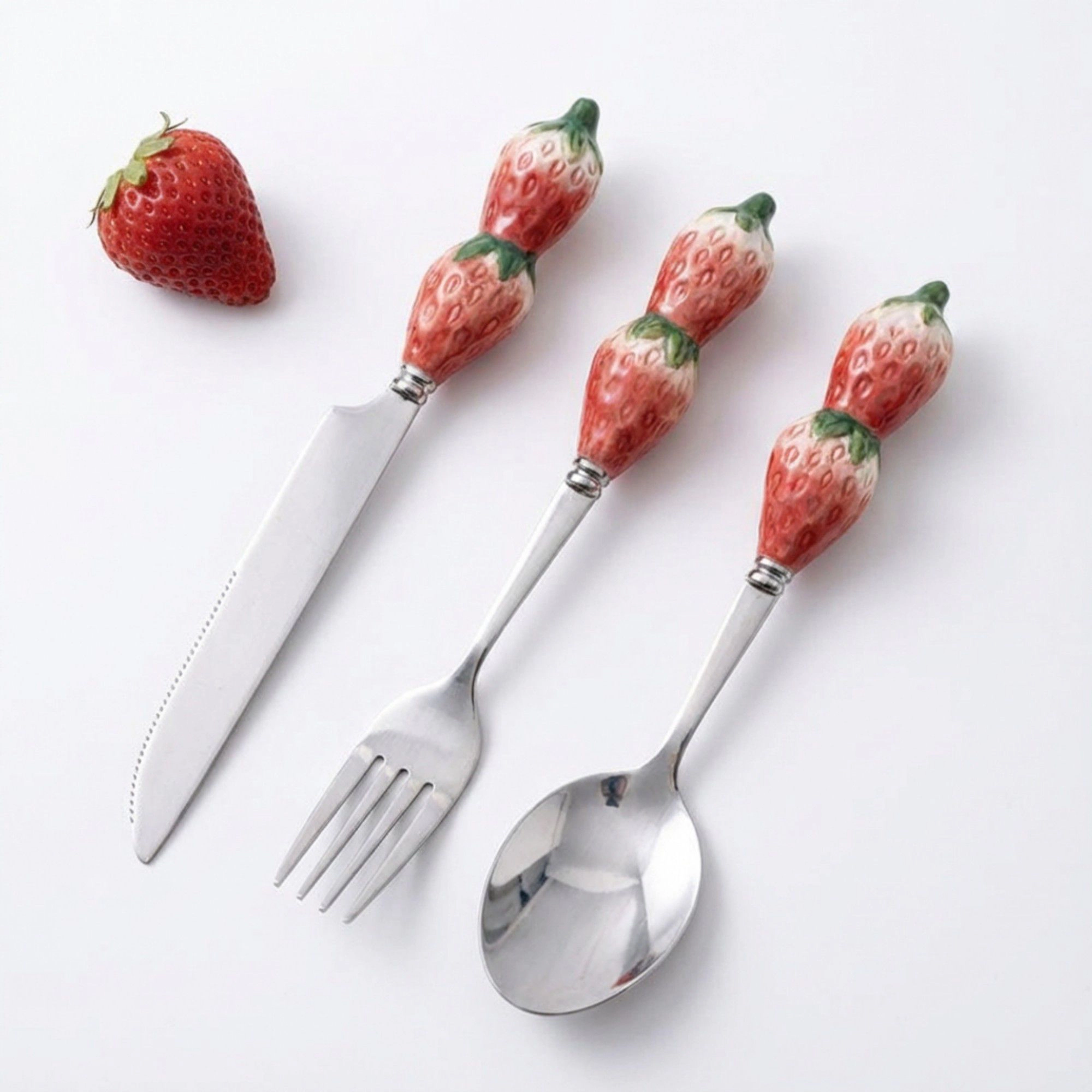 Alilang Unisex Strawberry Handle Flatware 3 Piece Set with Decorative Sculpted Design and Polished Metal Utensils
