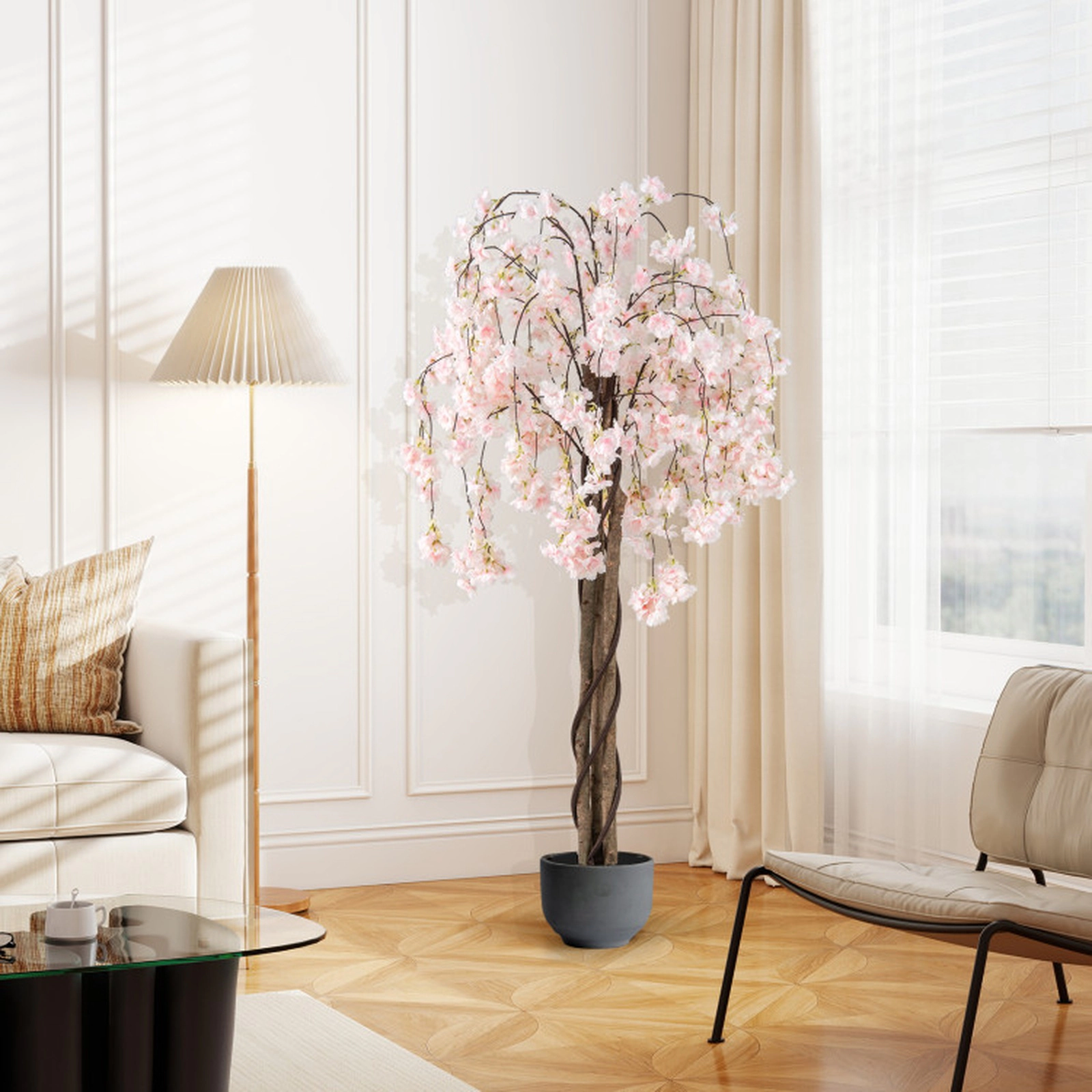 SUGIFT 5.5-ft Artificial Cherry Blossom Tree with Pink/White Flowers 65-in Tall with Cement-Filled Pot 1-Pack Pink/White