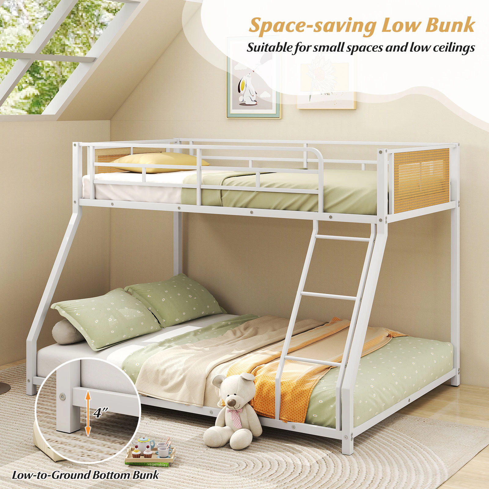 SUGIFT Metal Twin-Over-Full Bunk Bed with Guardrail and Ramp Ladder 250-lb Upper 350-lb Lower Capacity White