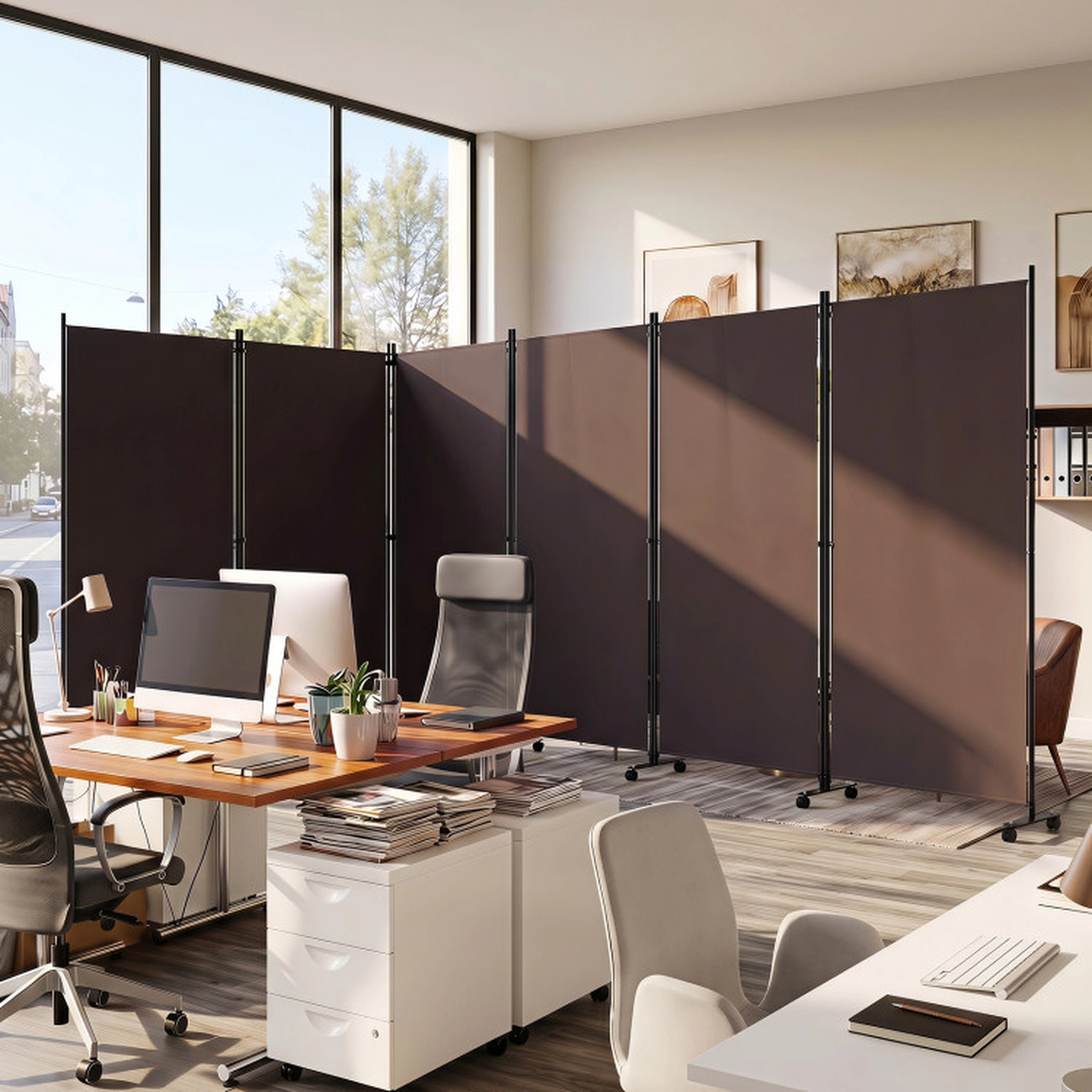 SUGIFT Coffee 6-Panel 71.5-in Tall Folding Room Divider Partition Screen on Wheels with Buckle Hinges