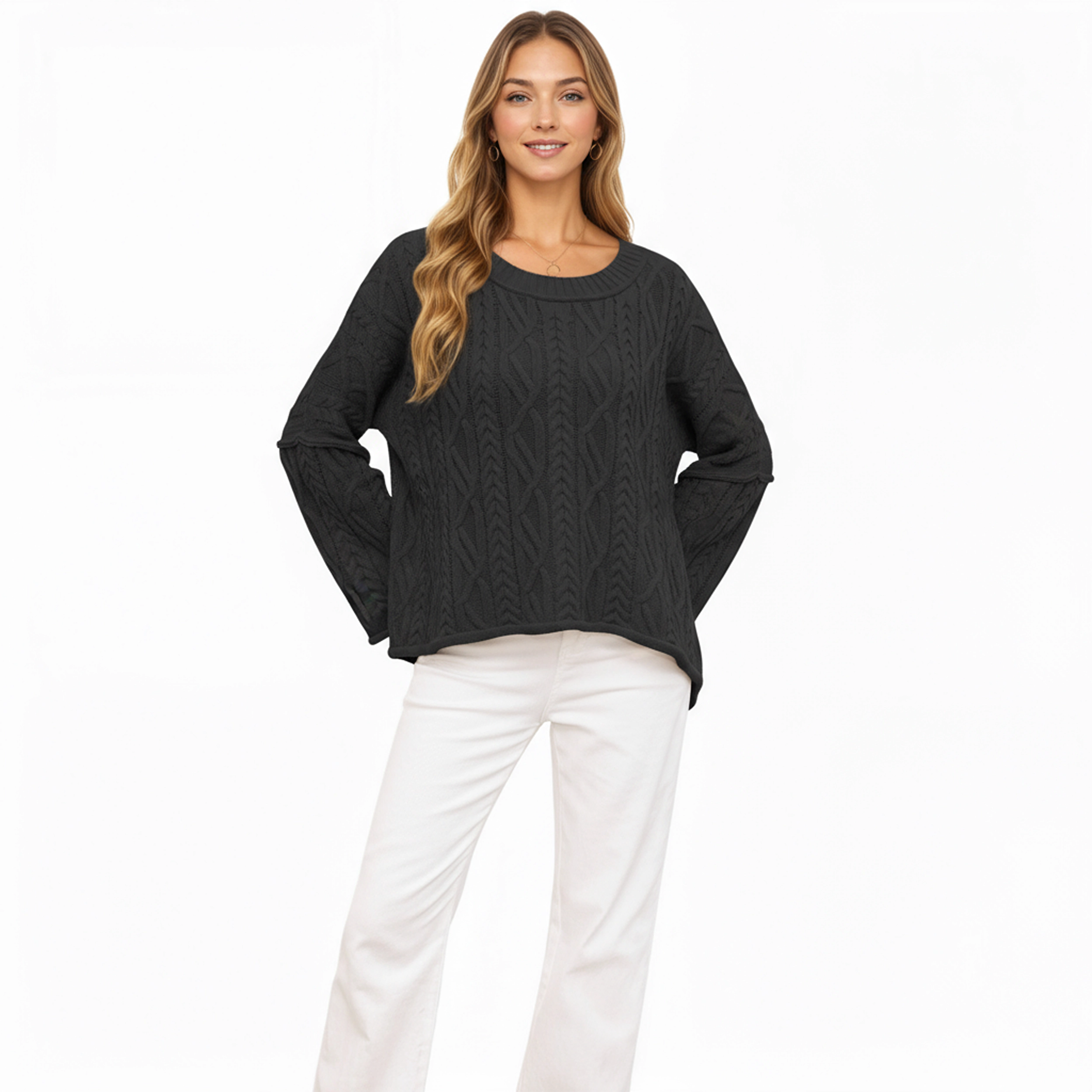 Anna-Kaci Women's Cable Knit Pullover Sweater with Relaxed Fit and Wide Cuff Sleeves