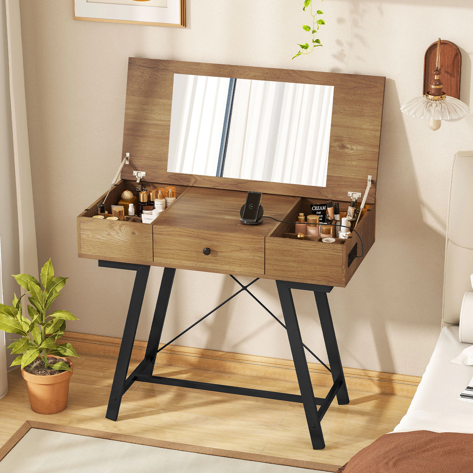LJG Vanity Desk with Flip Top Mirror Makeup Dressing Table
