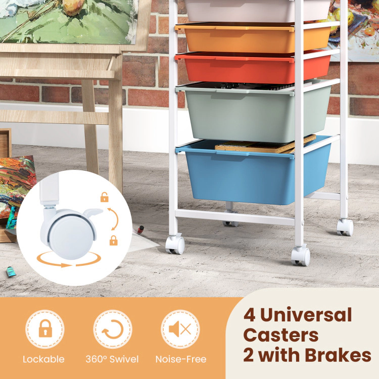 Hivvago 5-Drawer Rolling Storage Cart Mobile Utility Organizer with Wooden Tabletop and Lockable Wheels
