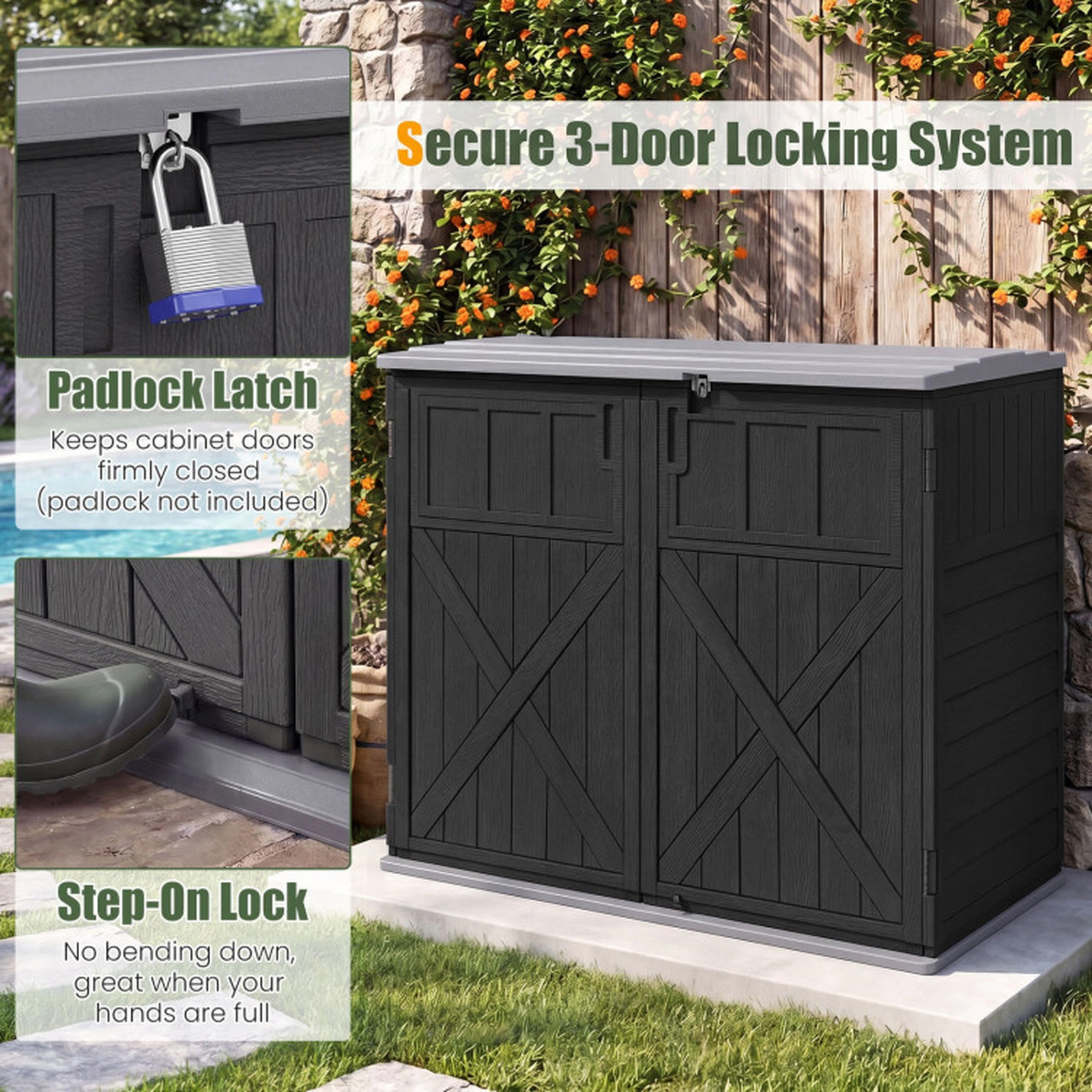 SUGIFT 20-Cu-Ft Lockable 3-Door Resin Horizontal Outdoor Storage Shed 46.5-in x 25-in x 37-in 860-lb Capacity Black