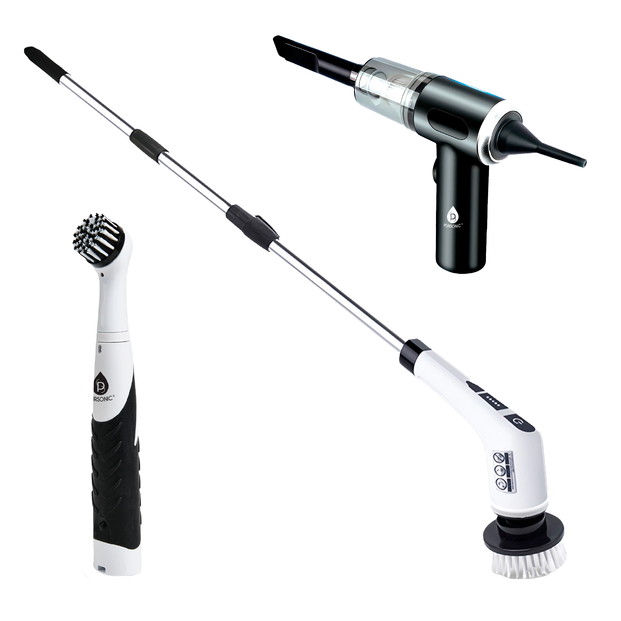 Pursonic 3-in-1 Cordless Rechargeable Cleaning Bundle: Power Scrubber, Extended Brush & Mini Vacuum Duster for Home & Car.
