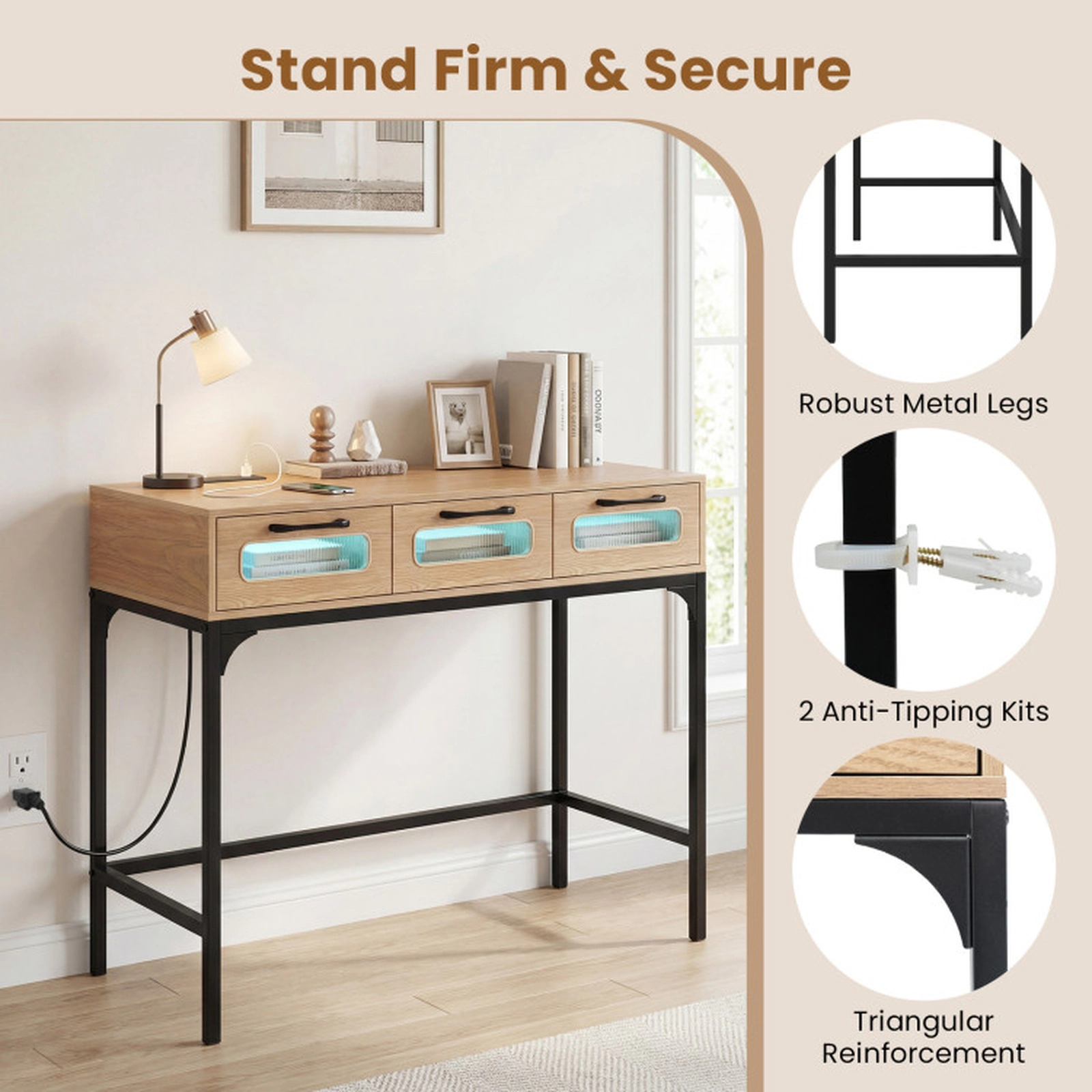 SUGIFT 35.5-in 100-lb Capacity Natural Console Table with Built-In Charging Station and 16-Color LED Lighting