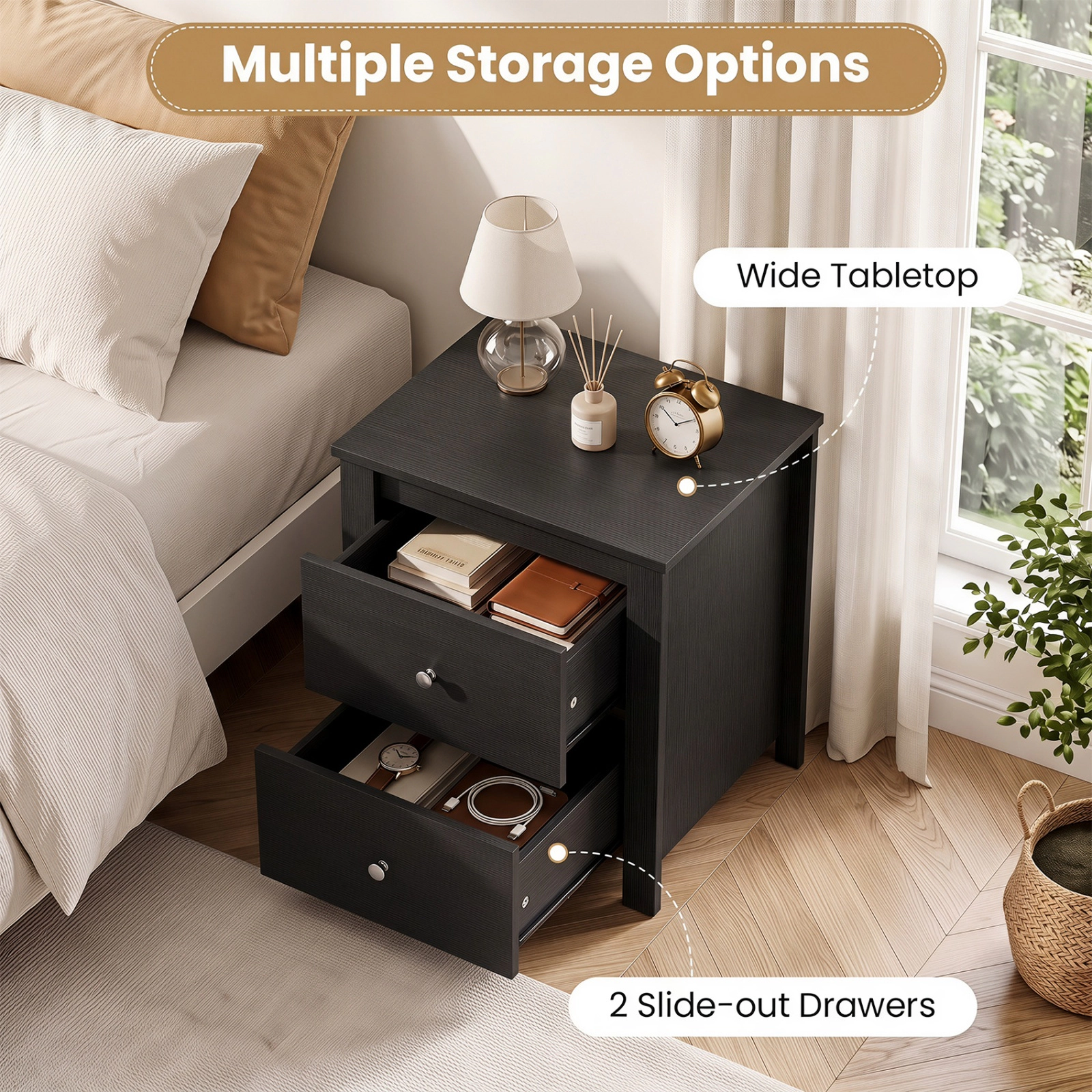 SUGIFT Black 2 Drawers and Storage for Bedroom Living Room and Small Spaces Nightstand