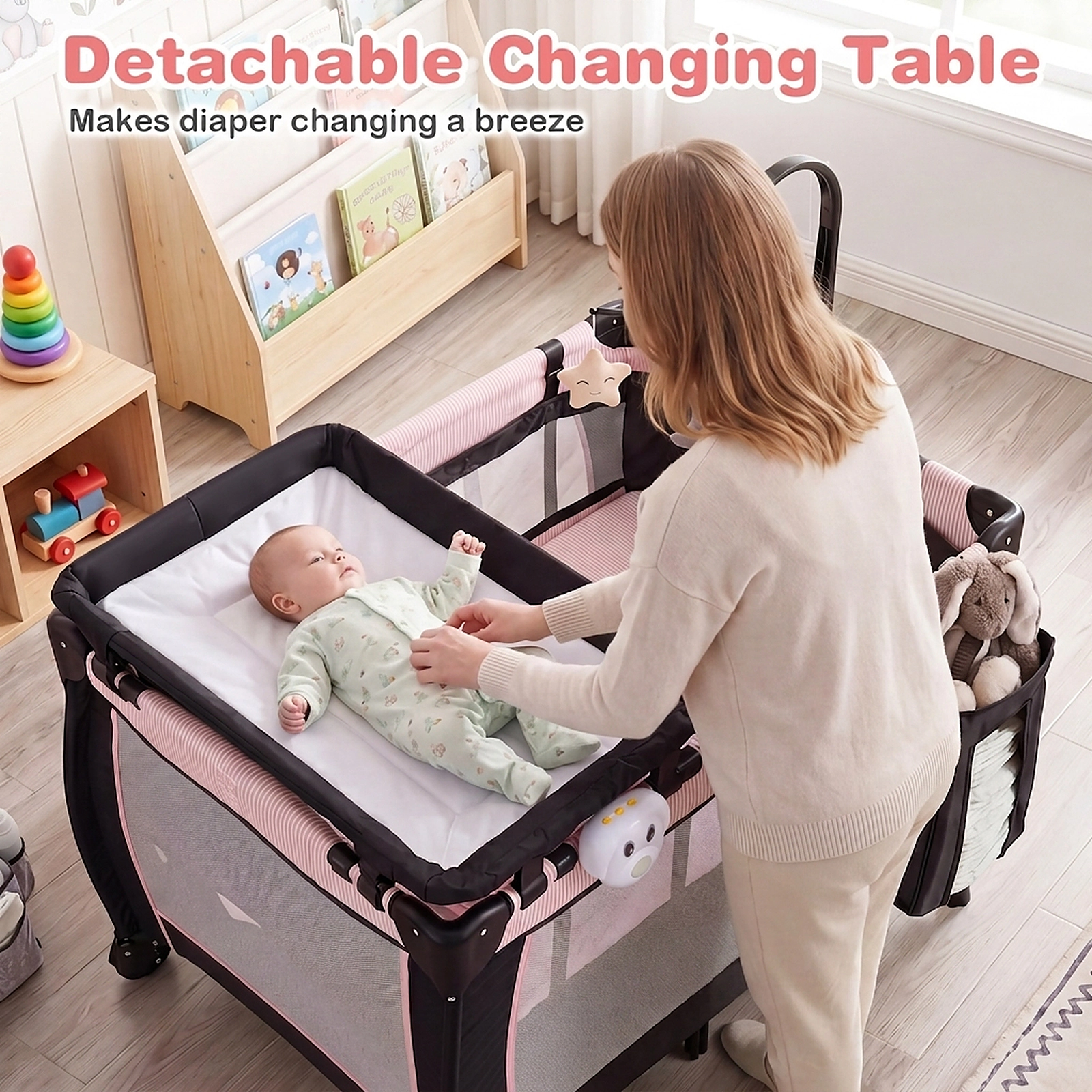 SUGIFT 3-in-1 Multi-Functional Baby Playpen with Removable Changing Table Bassinet and Metal Frame