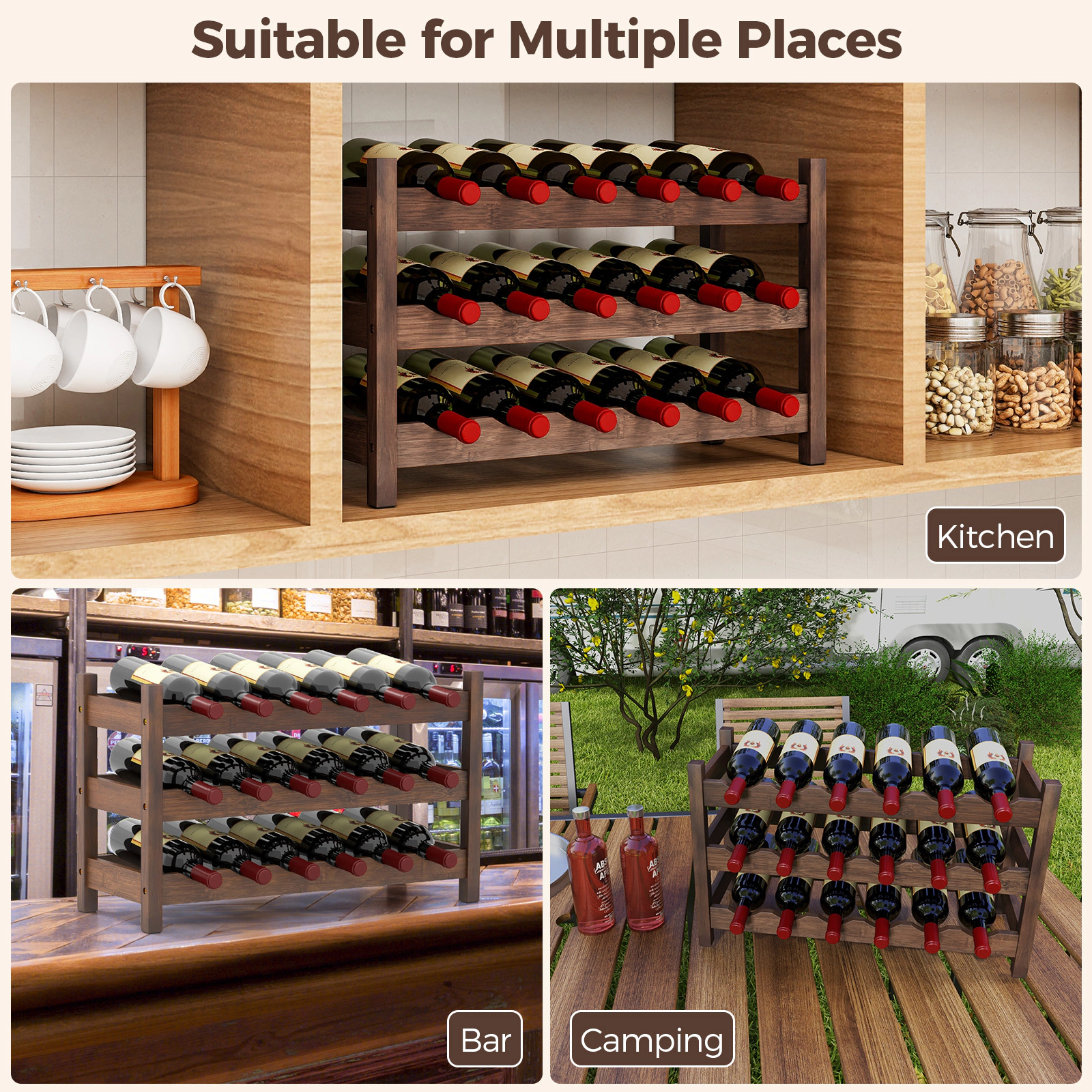 SUGIFT Coffee 3-Tier Bamboo Countertop Wine Rack 18-Bottle Freestanding Storage Shelf for Kitchen Bar