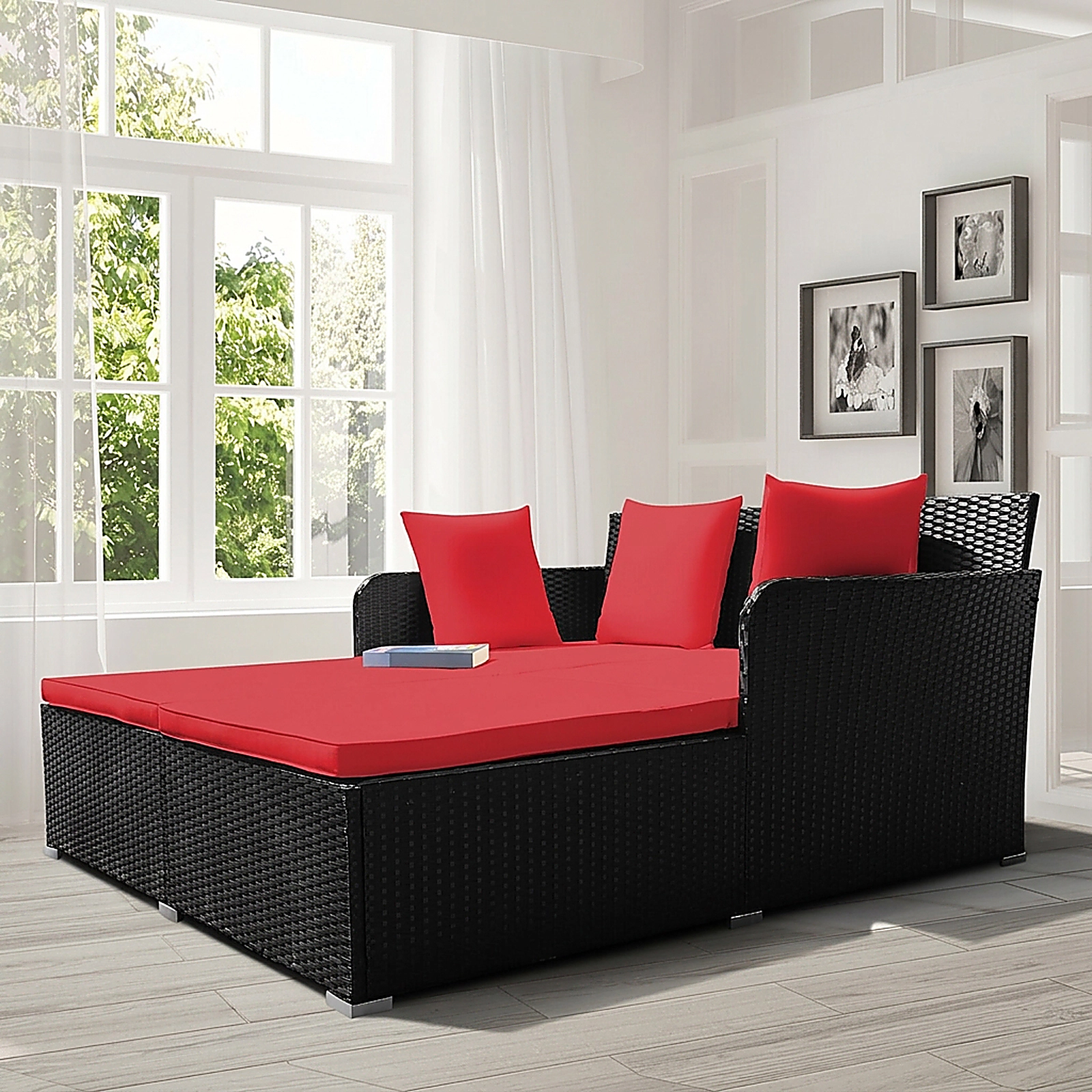 SUGIFT Upholstered Cushions and 4 Pillows Spacious Outdoor Rattan Daybed