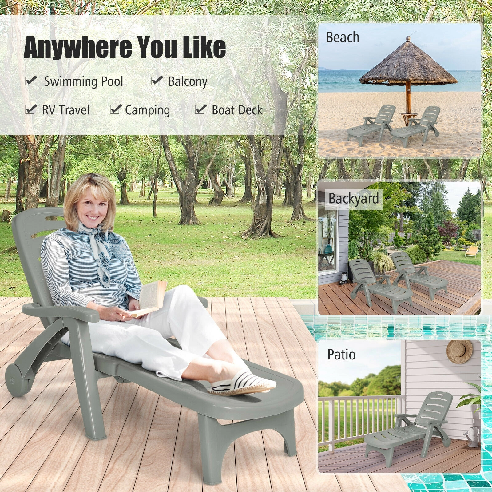 SUGIFT 330-lb Capacity Gray 5-Position Adjustable High Back Folding PP Chaise Lounge Chair with Wheels