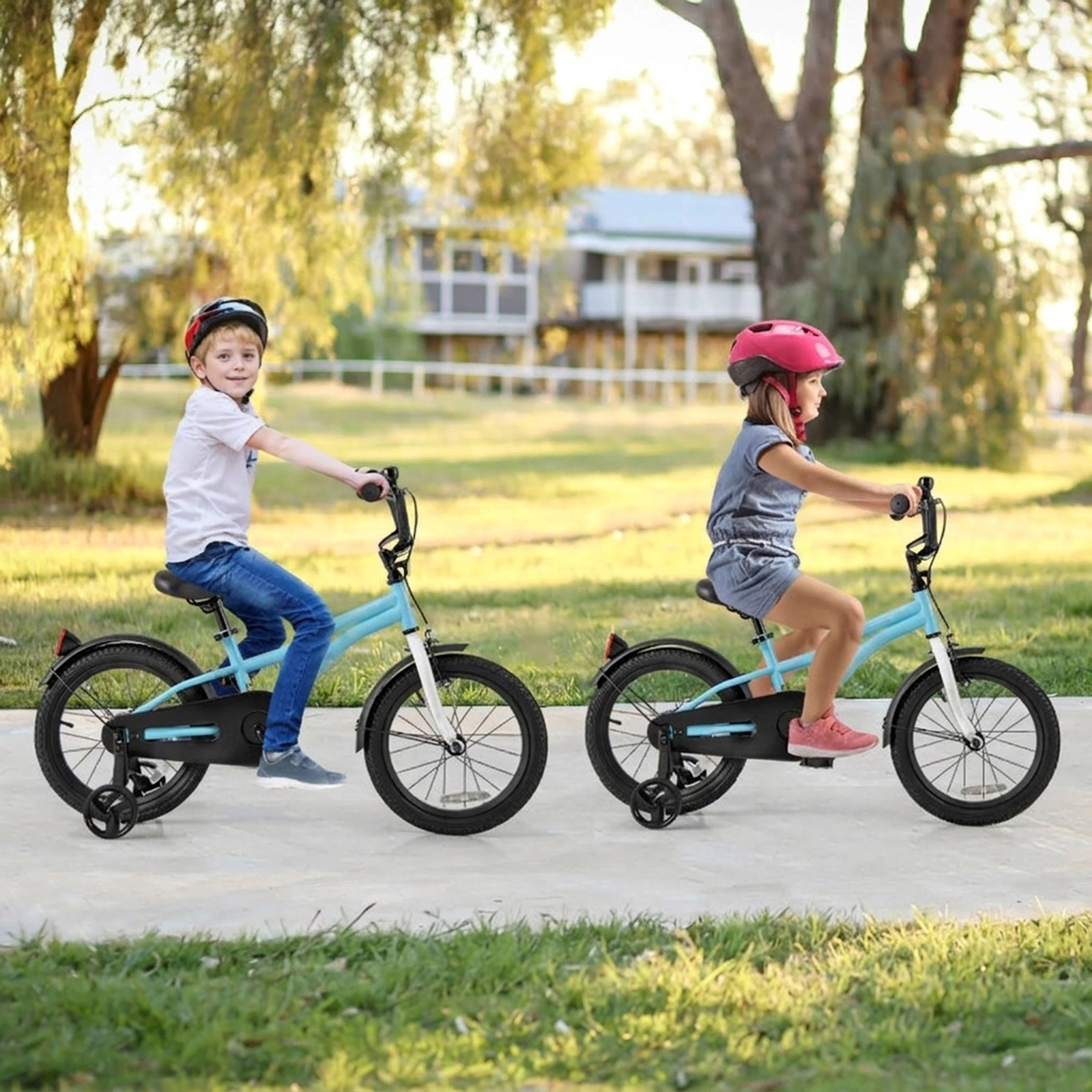 SUGIFT Kids Blue 16-in Bike with Shock Absorbing Rubber Tires and Training Wheels 21-in Saddle H Ages 4-7