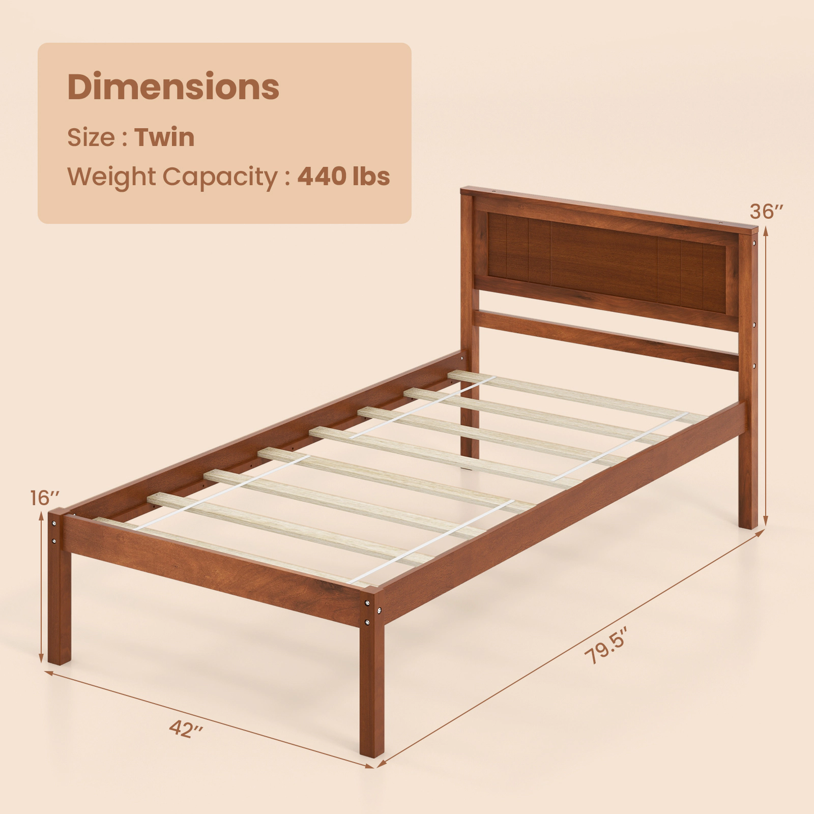 Twin Bed Frame Walnut Wood Platform Bed with Headboard and Footboard 440-lb Capacity Strapped Slats