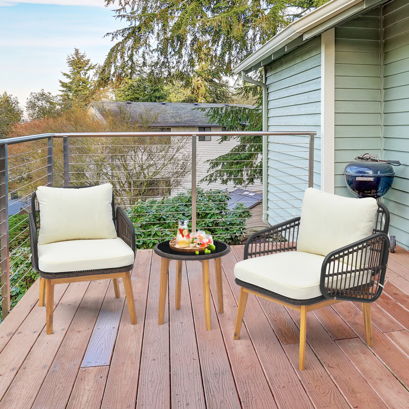 LJG 3 Pieces Patio Furniture Set with Cushioned Chairs and Tempered Glass Side Table