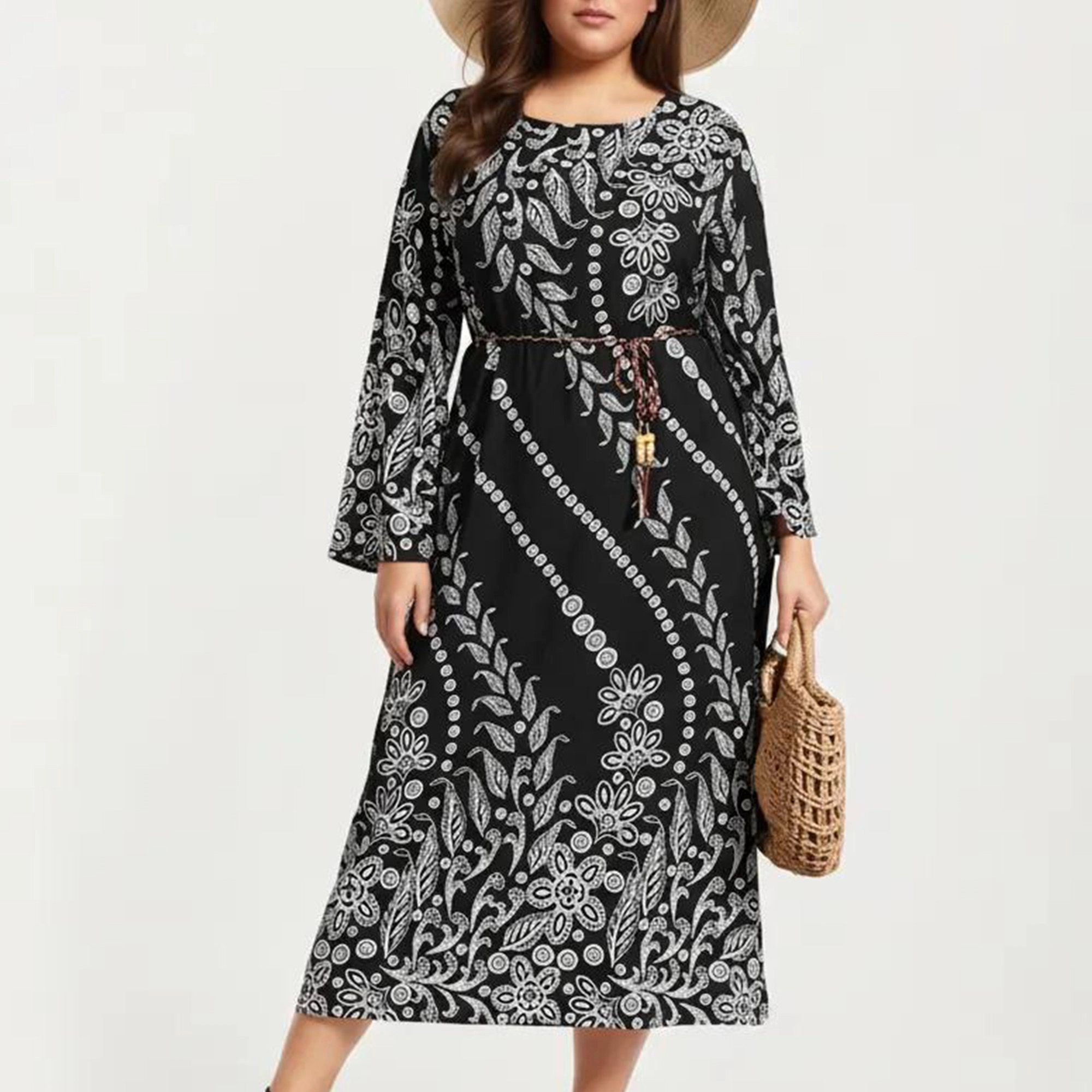 Anna-Kaci Women's Plus Paisley Print Long Sleeve Round Neck Adjustable Waist Tie Midi Dress
