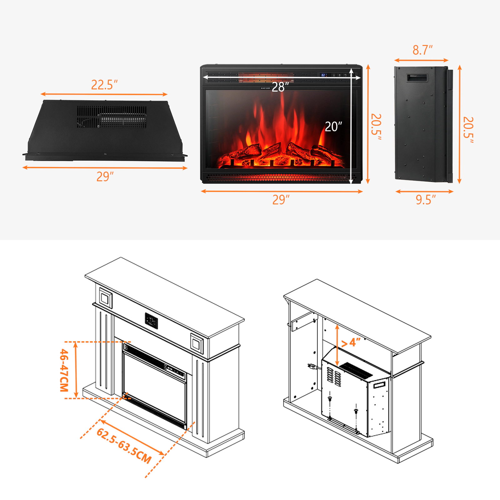 SlickBlue Recessed Electric Fireplace Insert with 2 Heat Settings Thermostat