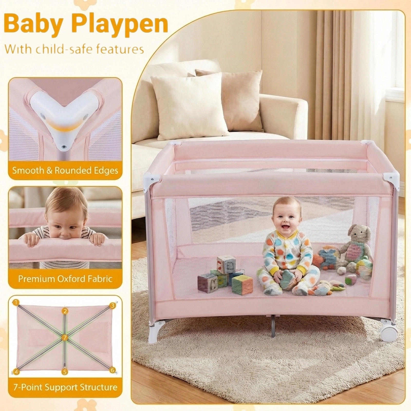 SUGIFT Folding Baby Playard Travel Crib with Soft Mattress 30-lb Playpen 15-lb Bassinet Capacity Ages 0-3 Years Pink