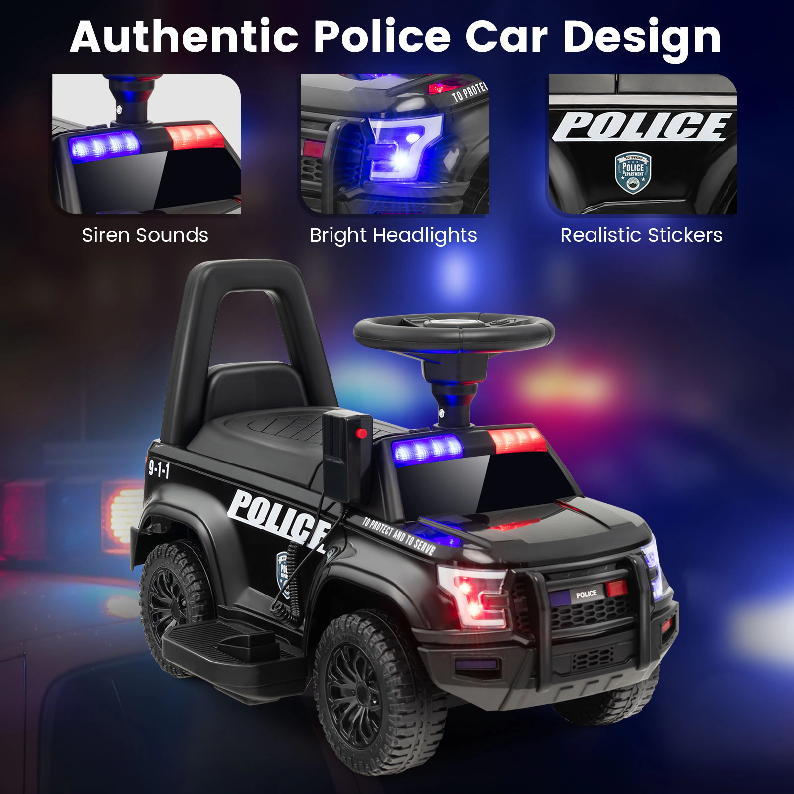 LJG 6V Kids Ride on Police Car with Real Megaphone and Siren Flashing Lights