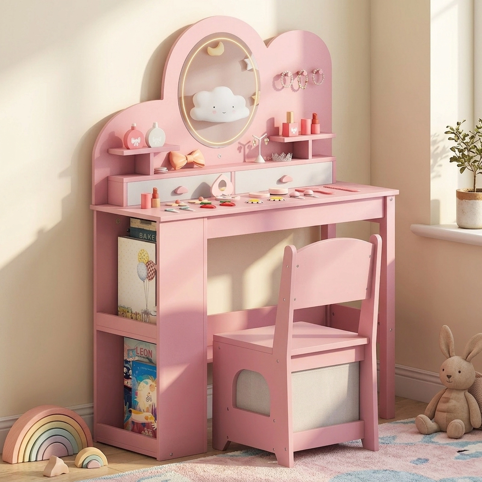 SUGIFT Kids Vanity with Lighted Mirror Princess Vanity Table and Chair Set 45-lb Tabletop Capacity Ages 3+ Pink/White