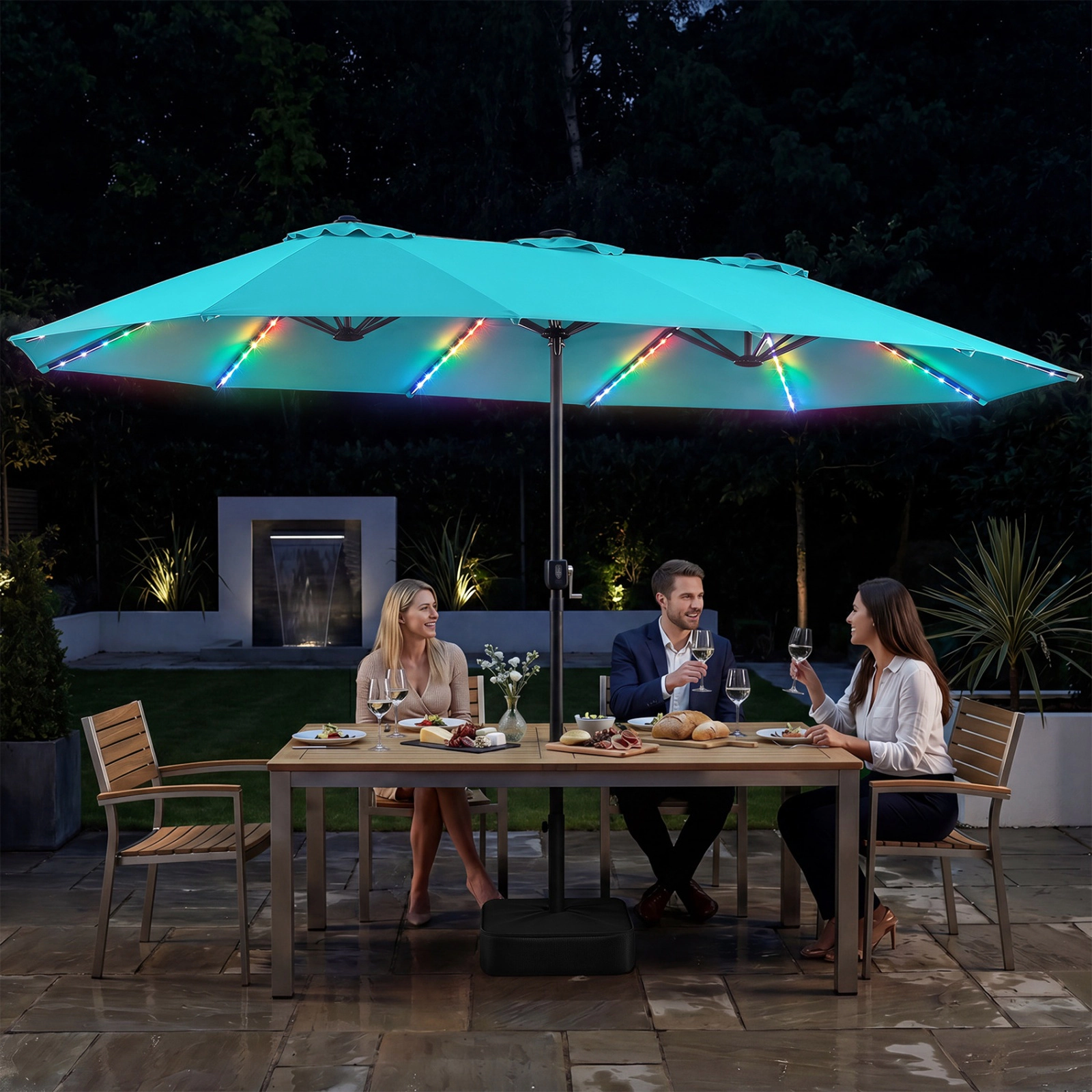 SUGIFT Extra-Large 15.5-ft Patio Umbrella with LED Lights and Base 12 Reinforced Ribs Turquoise