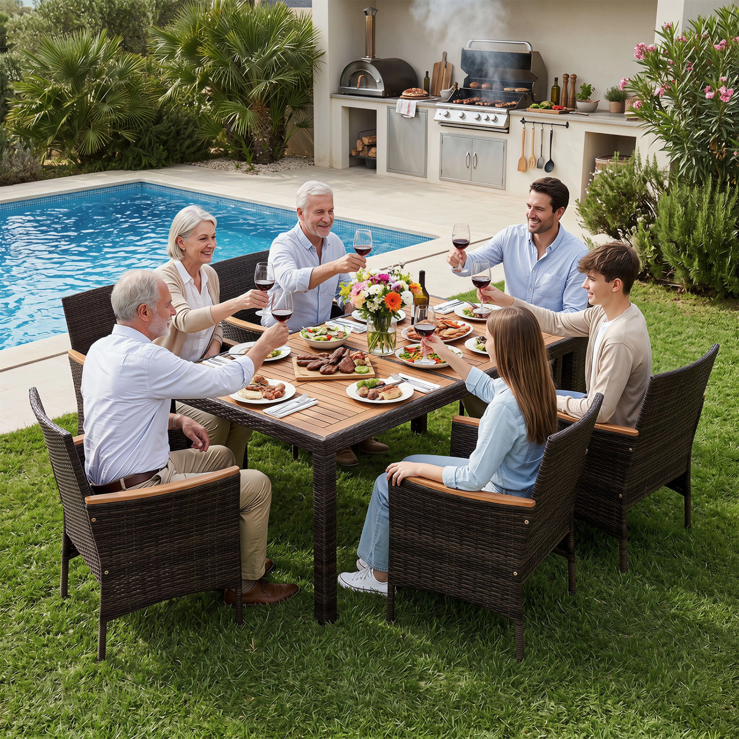 Hivvago 7-Piece Patio Dining Set With Wood Tabletop And Padded Cushion For Backyard