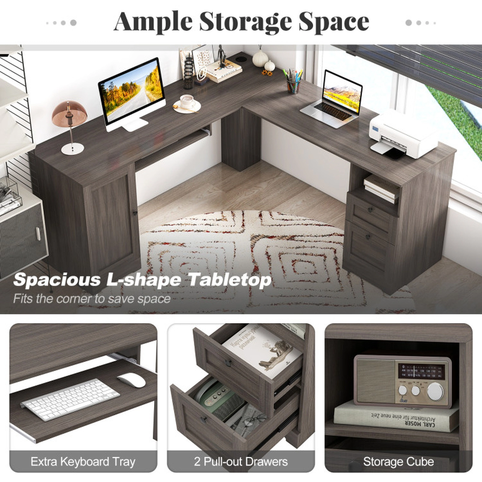SUGIFT Keyboard Tray Drawers Power Outlets L-Shaped Computer Desk 66-in x 66-in x 30-in 165-lb Capacity Dark Gray