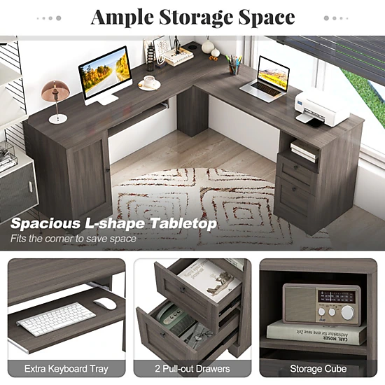 SUGIFT Keyboard Tray Drawers Power Outlets L-Shaped Computer Desk 66-in x 66-in x 30-in 165-lb Capacity Dark Gray
