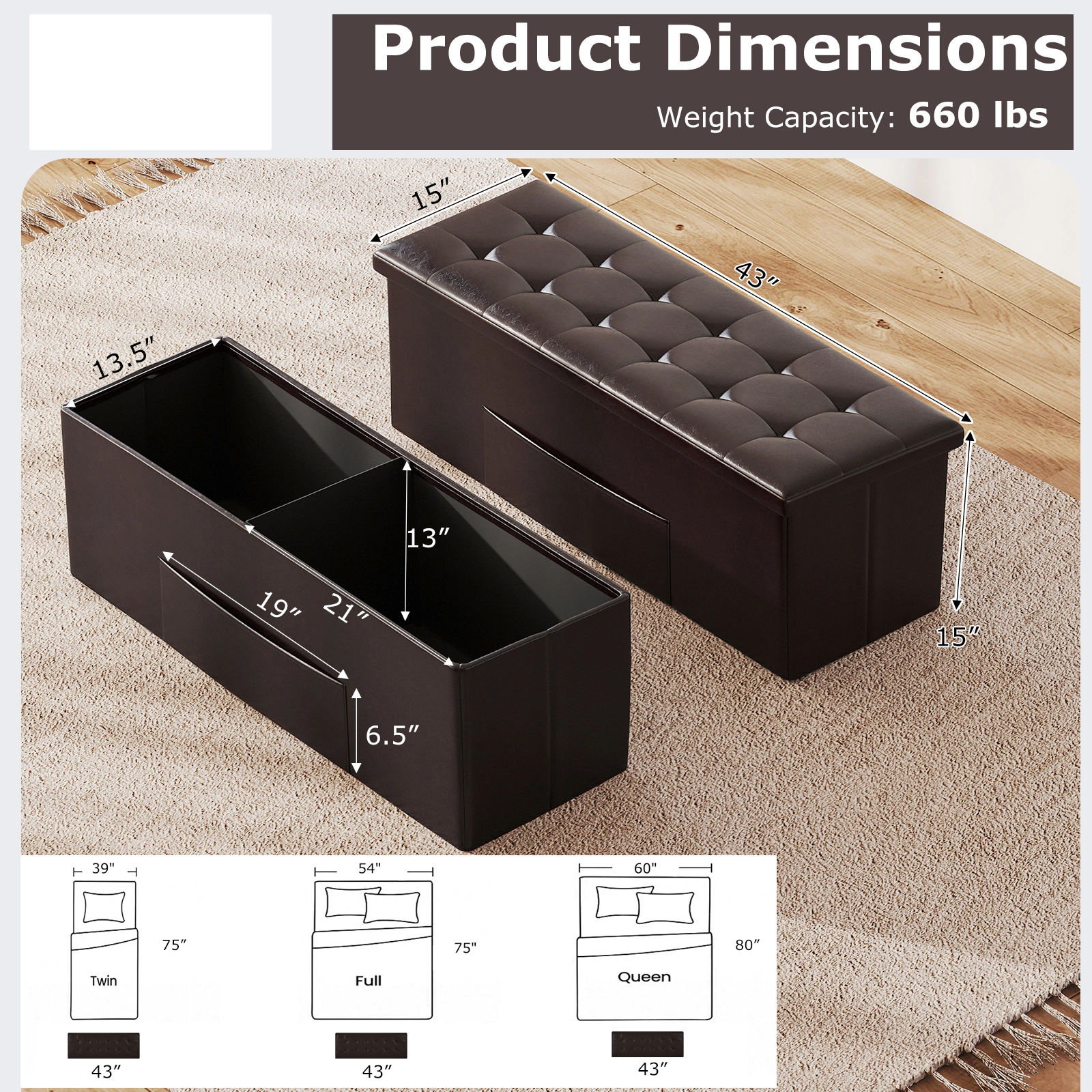 SUGIFT 43-in Folding Storage Ottoman Bench Foot Rest Stool 550-lb Capacity with 38-Gallon Storage Brown PU Leather
