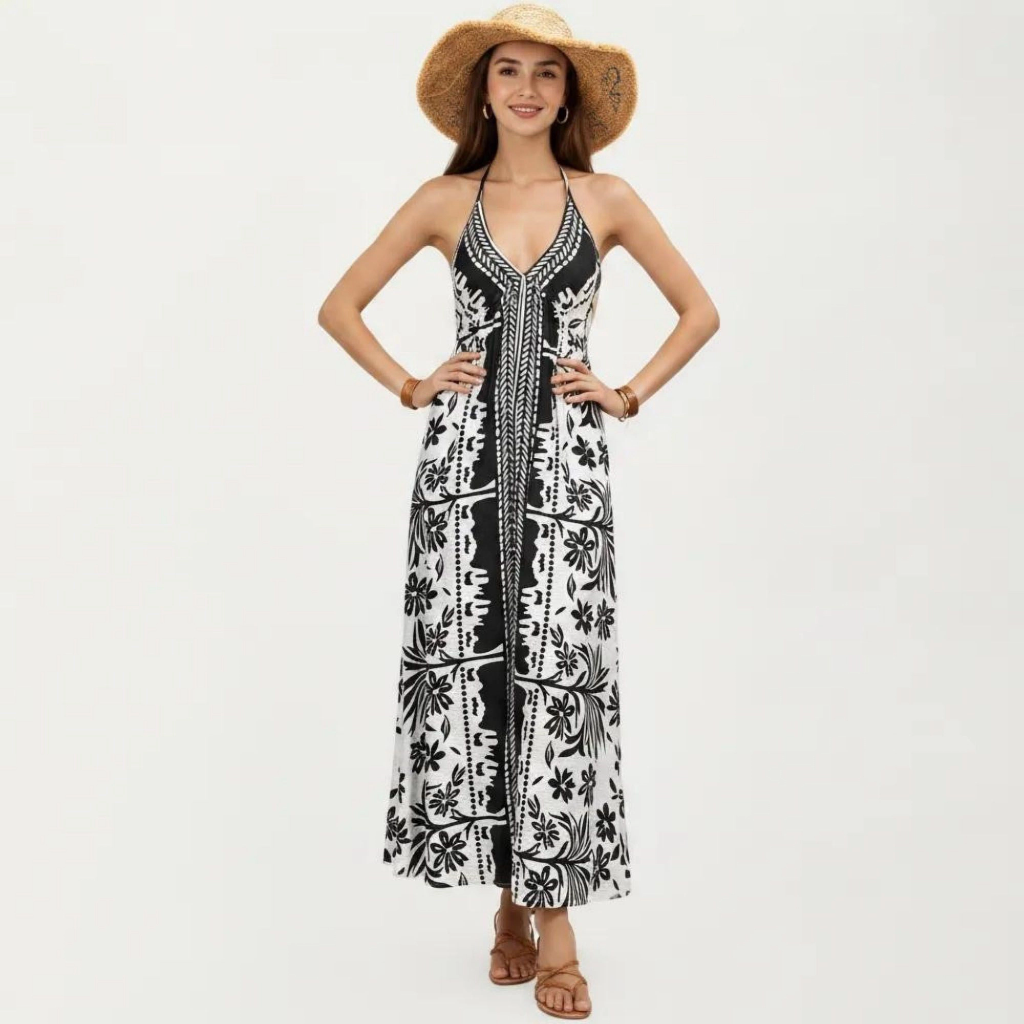 Anna-Kaci Women's Printed Halter Open Back Tie Maxi Dress