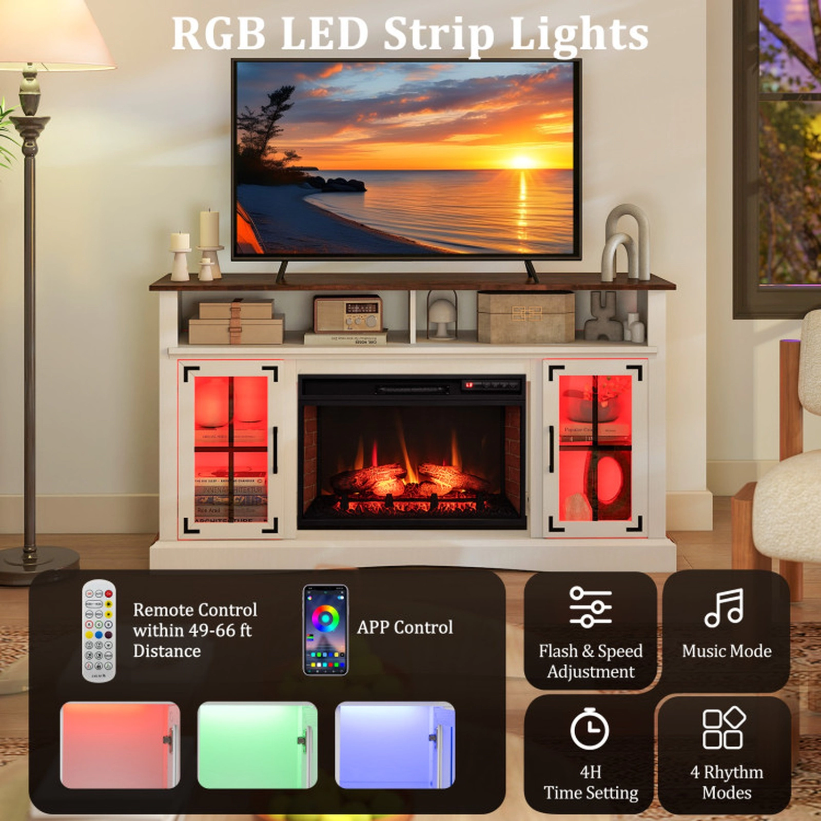 SUGIFT 1400W Electric Fireplace RGB LED Lights TV Stand 58-in x 16-in x 31.5-in 225-lb Capacity 50-in TV White
