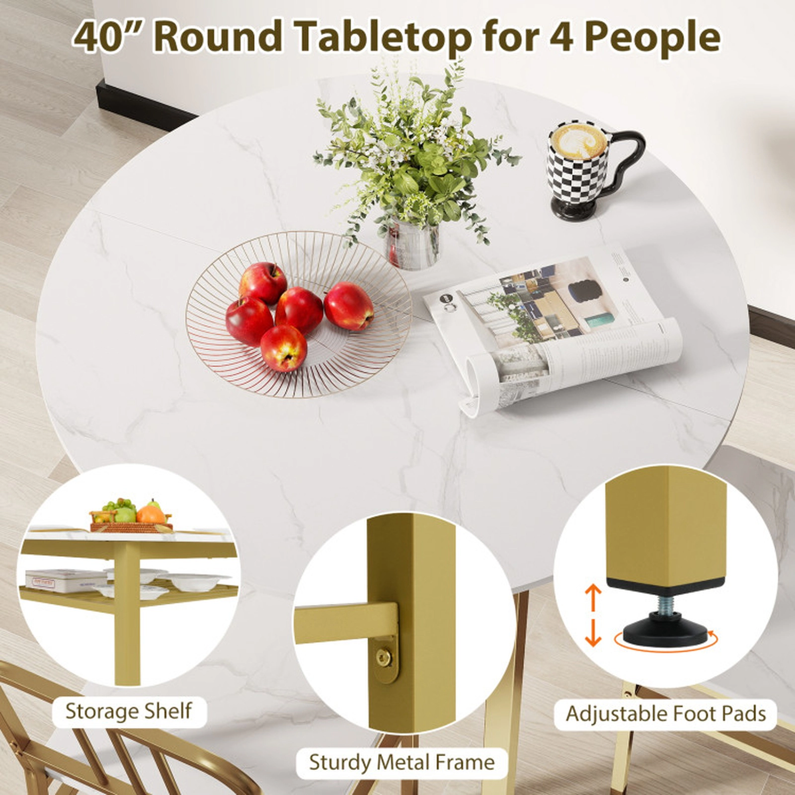 SUGIFT 5-Piece Round Dining Set with Storage Shelf 250-lb Table Capacity 330-lb Chair Capacity White + Gold