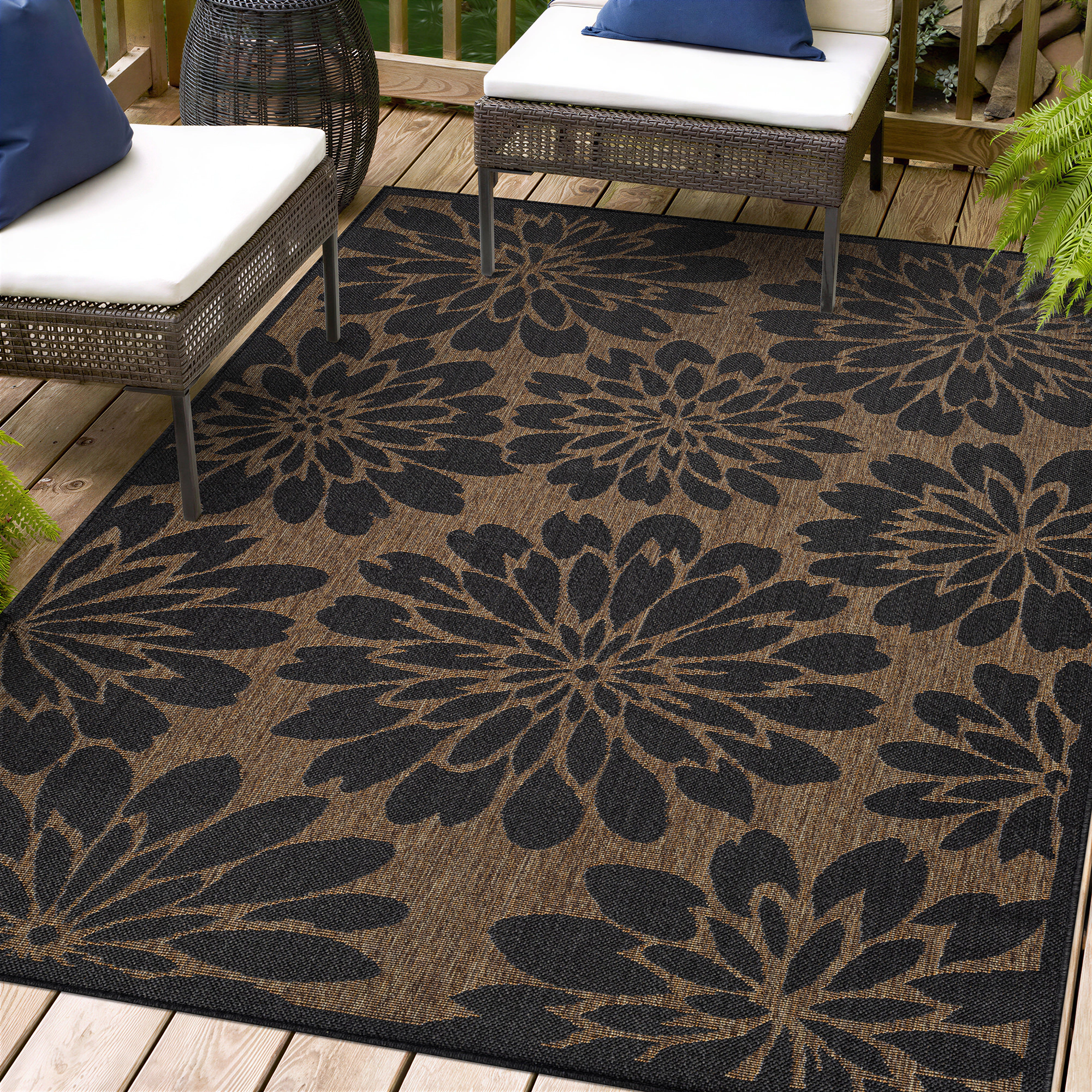 World Rug Gallery Floral Indoor/Outdoor Flat Woven Area - Natural Jute-Style, Easy-Care Patio