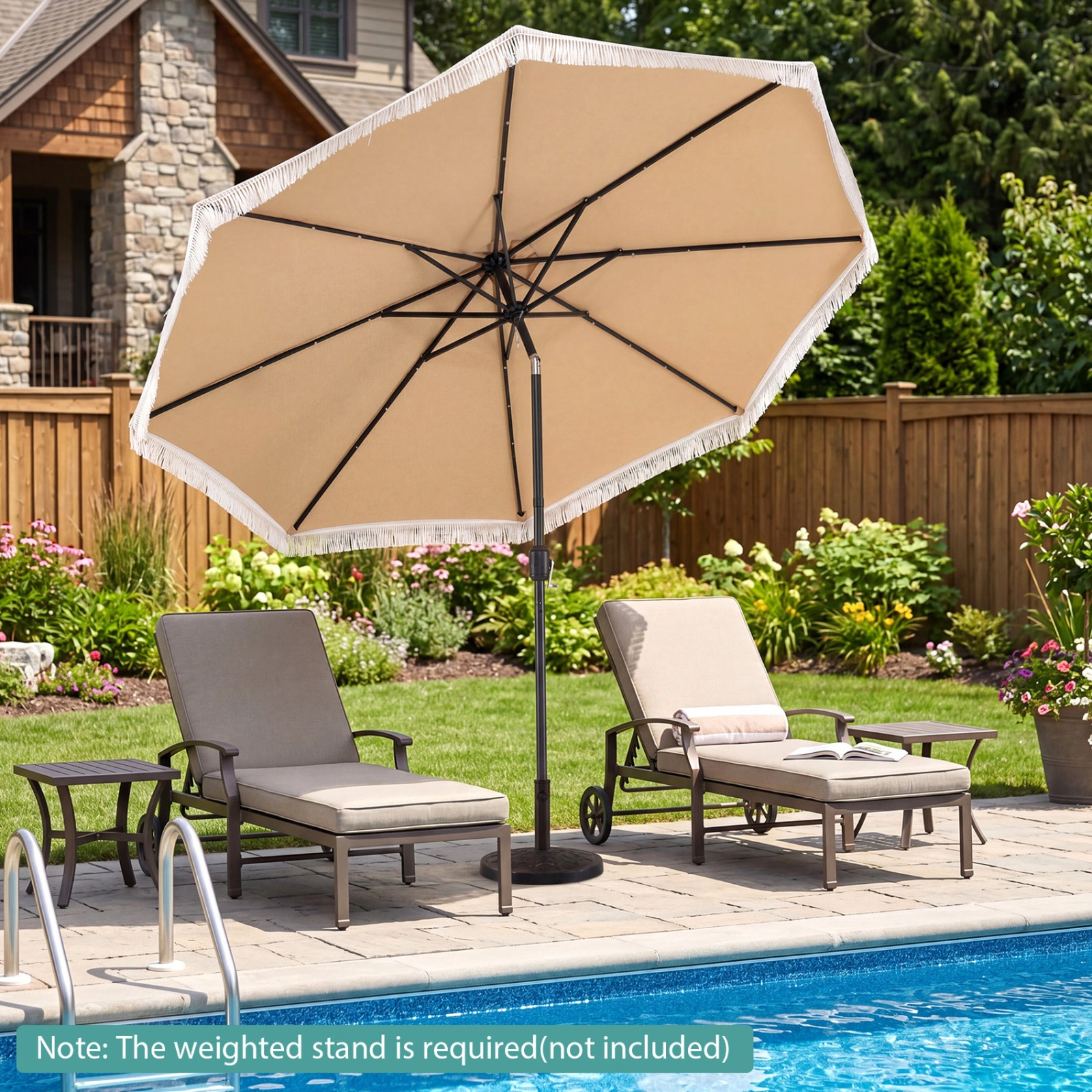 SUGIFT Beige 10 ft Solar Patio Umbrella with 24 LED Lights and 1.5 in Pole