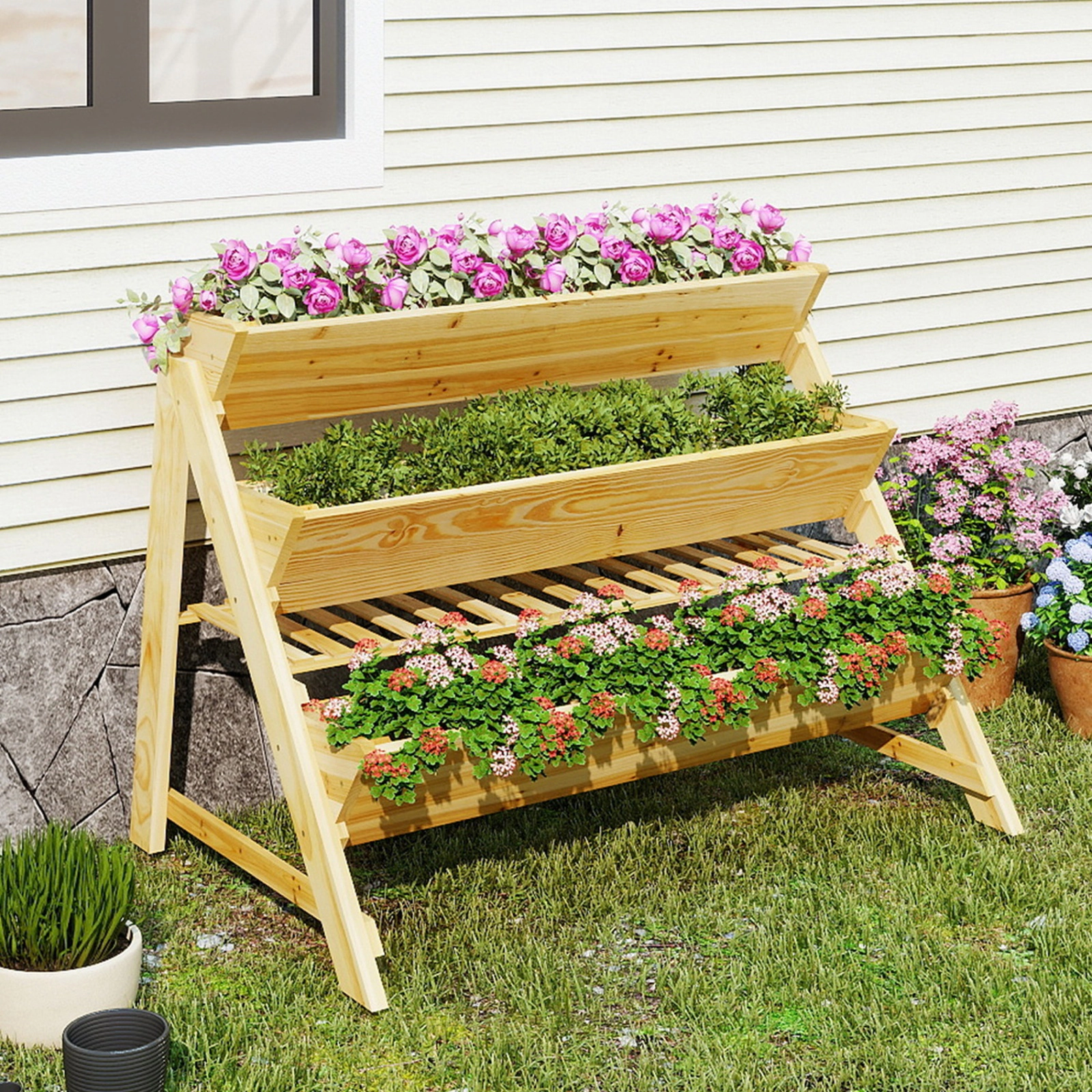 SUGIFT 3-Tier Natural Wood Vertical Raised Garden Bed with Storage Shelf 47-in W 30-in D 32-in H 100-lb Per Box