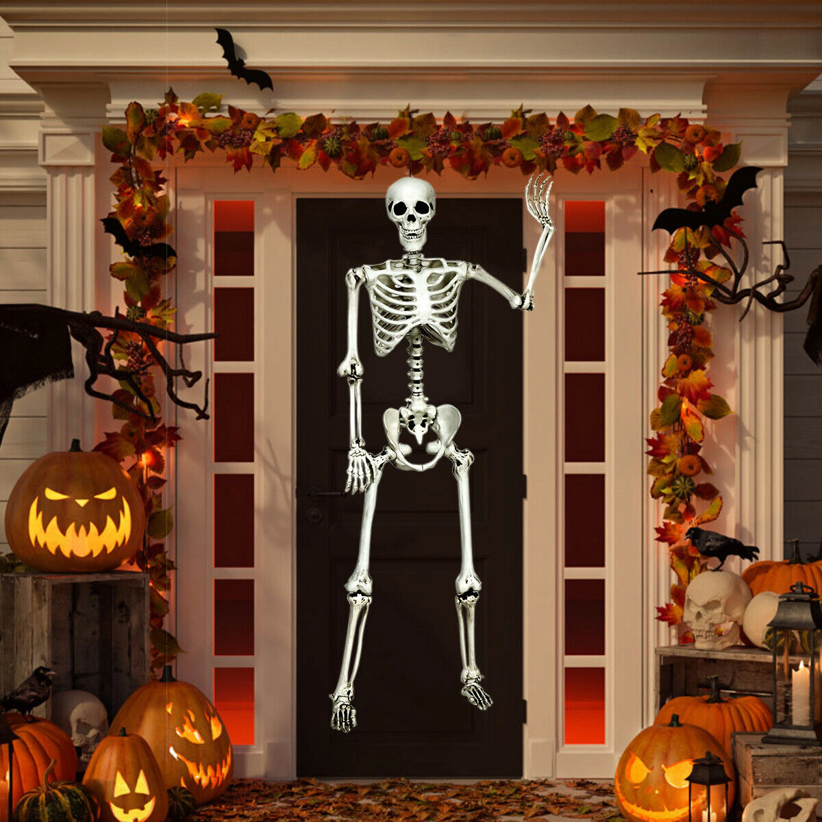 SUGIFT 5.4-ft Poseable Joints Hanging Rope Full Body Life Size Halloween Skeleton Prop Decoration 4-lb White