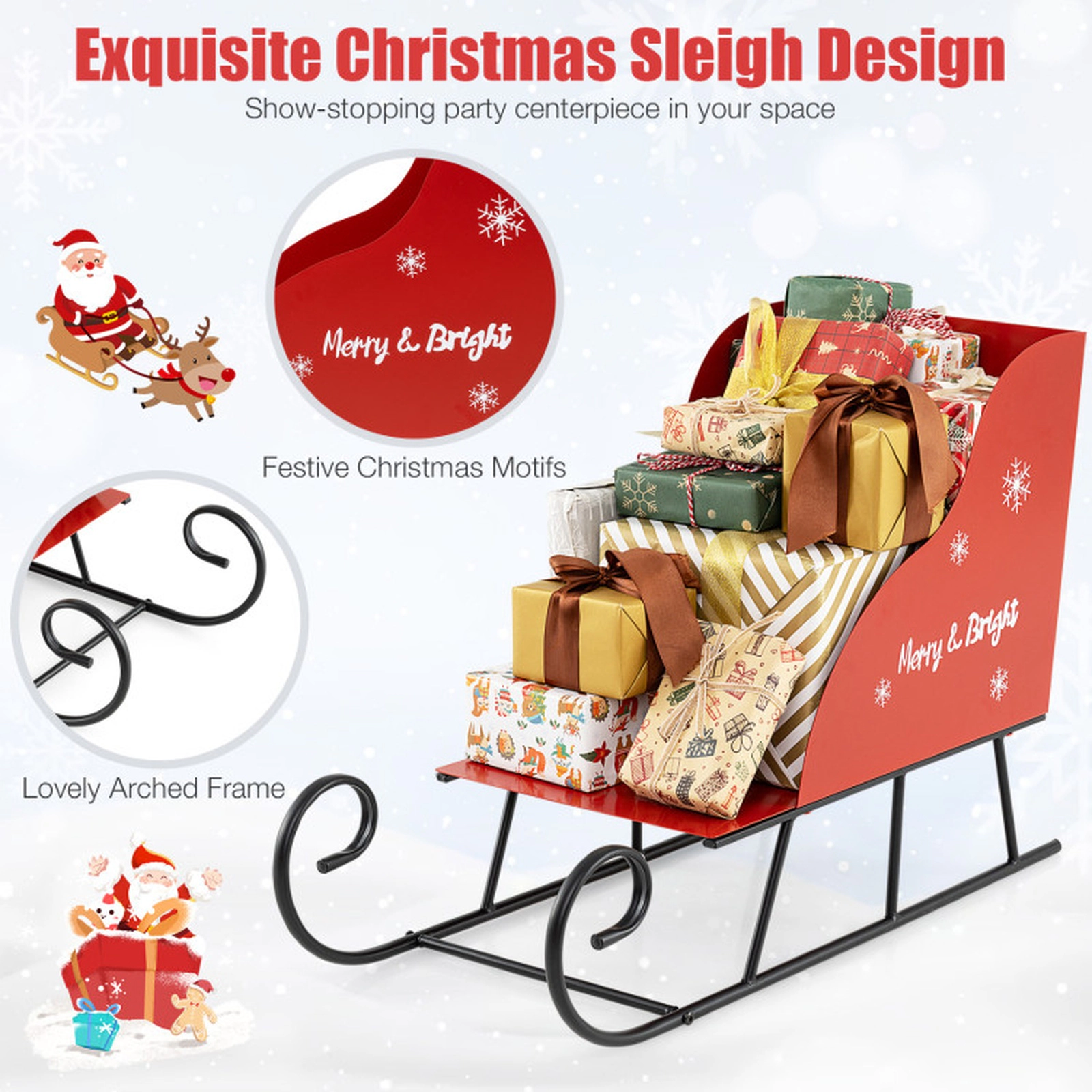 SUGIFT Red and Black 29-in Metal Christmas Santa Sleigh Basket for Gift Garland and Ornament Storage