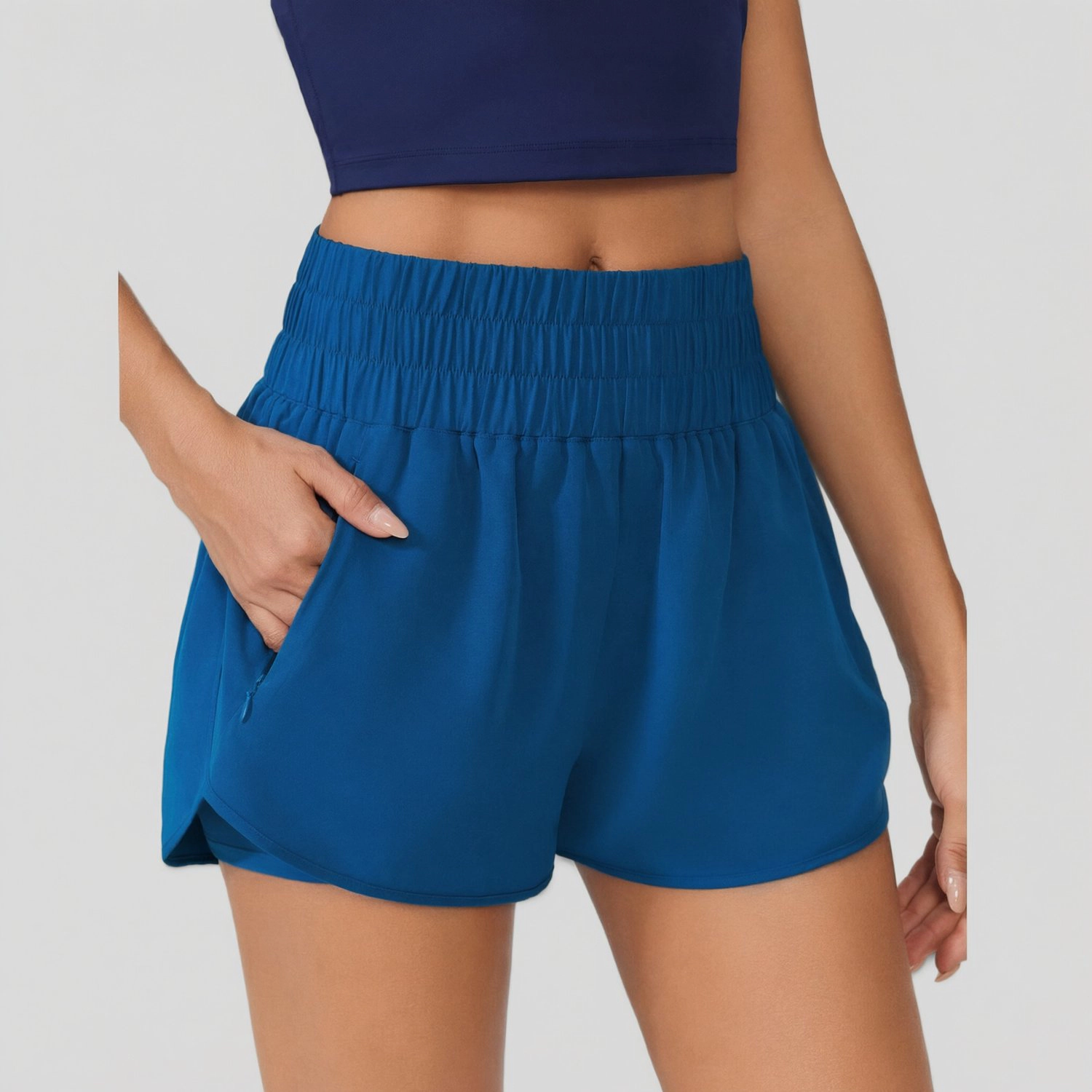 Pinspark Womens High Waisted Running Shorts Smocked Waist Pockets Side Slit