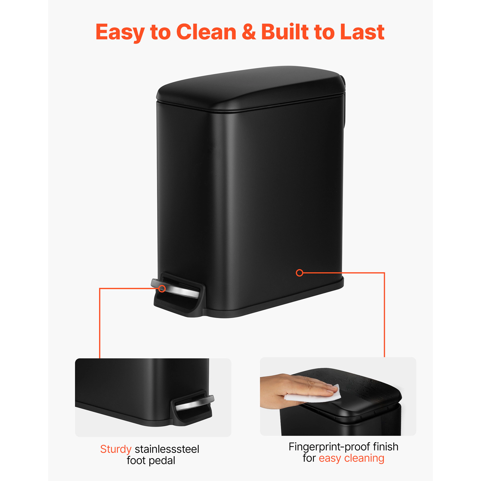 HONGGE Slim Bathroom Trash Can with Step Pedal & Soft-Close Lid, 6L Steel Bin with Detachable Liner, Black