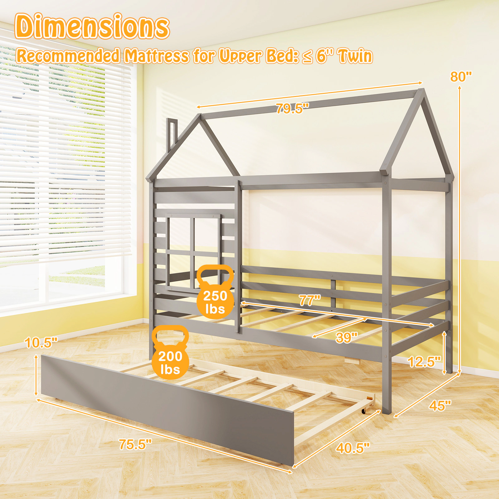 SUGIFT Twin House Bed with Trundle, Roof, Chimney, Window and Guardrails, Gray