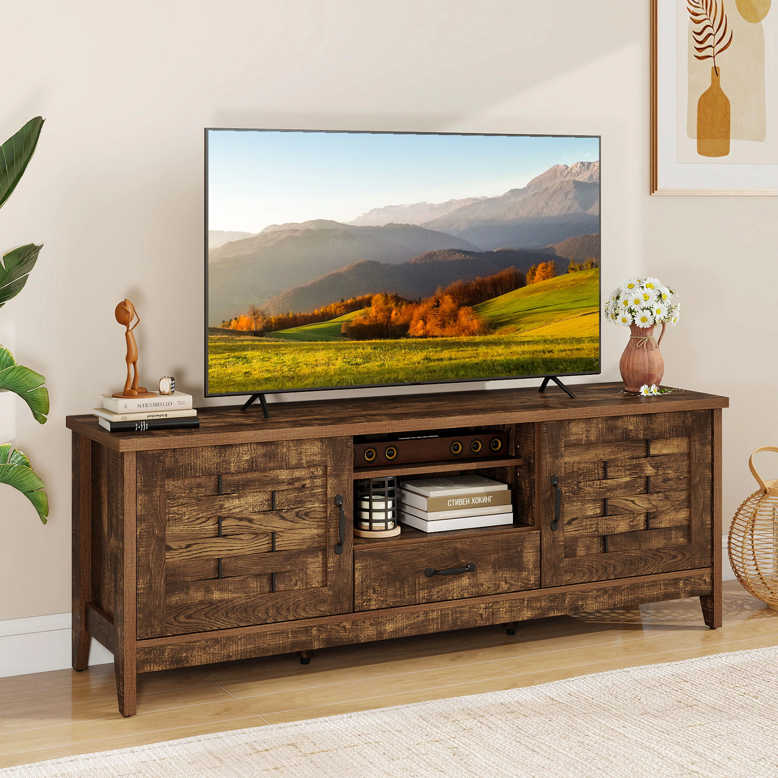 Glintex 59-Inch Farmhouse TV Stand with Woven Accent Doors and Drawer