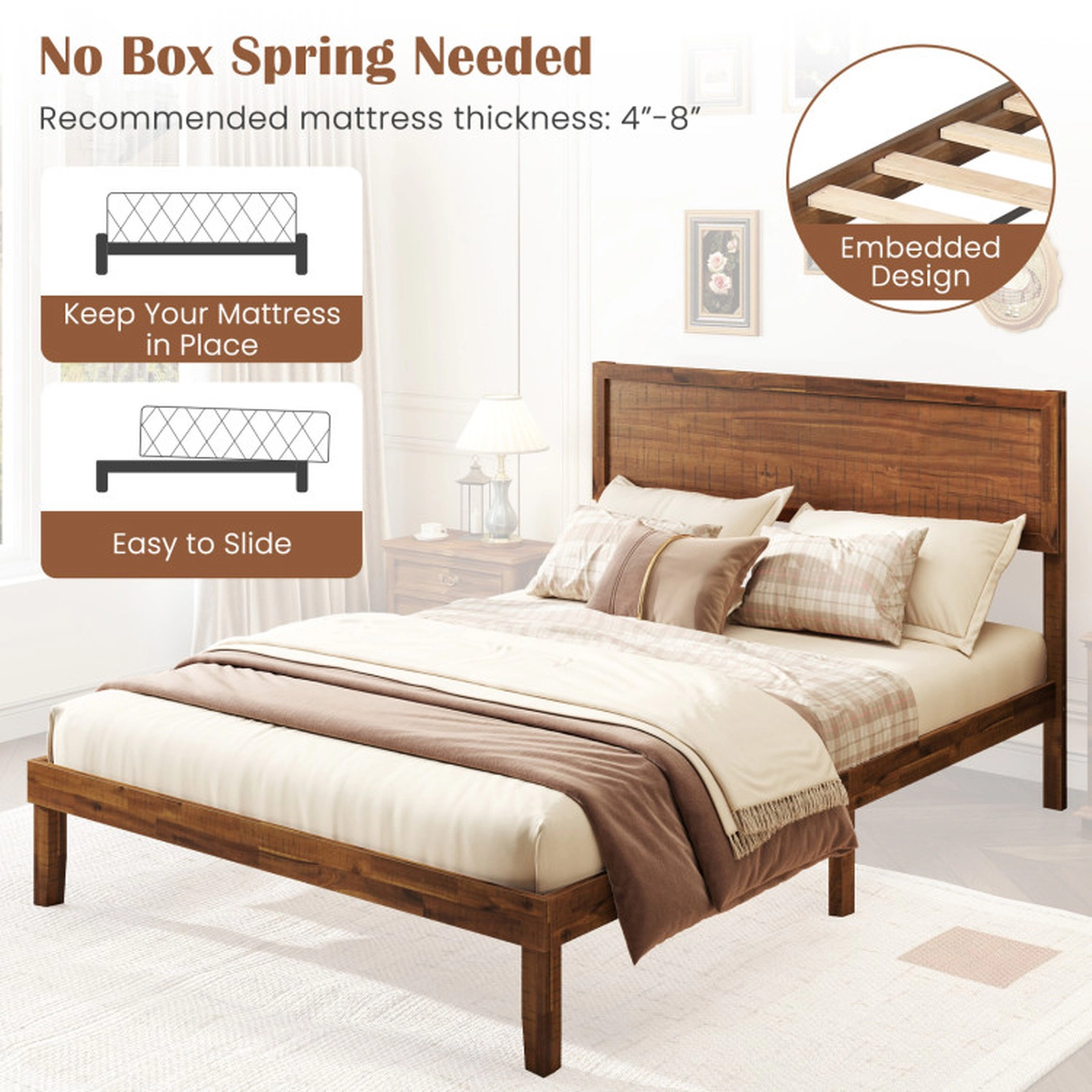 SUGIFT Walnut High Headboard and Slat Support Full Size Wooden Platform Bed Frame
