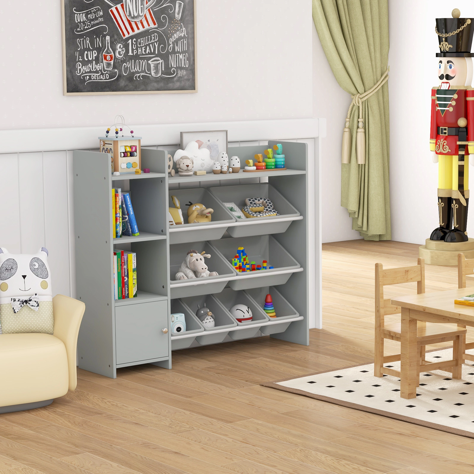 SUGIFT 4-Tier Kids Bookshelf and Toy Storage Rack with Cabinet 265-lb Total Capacity 8 Removable Bins 44.5-in Frame Gray