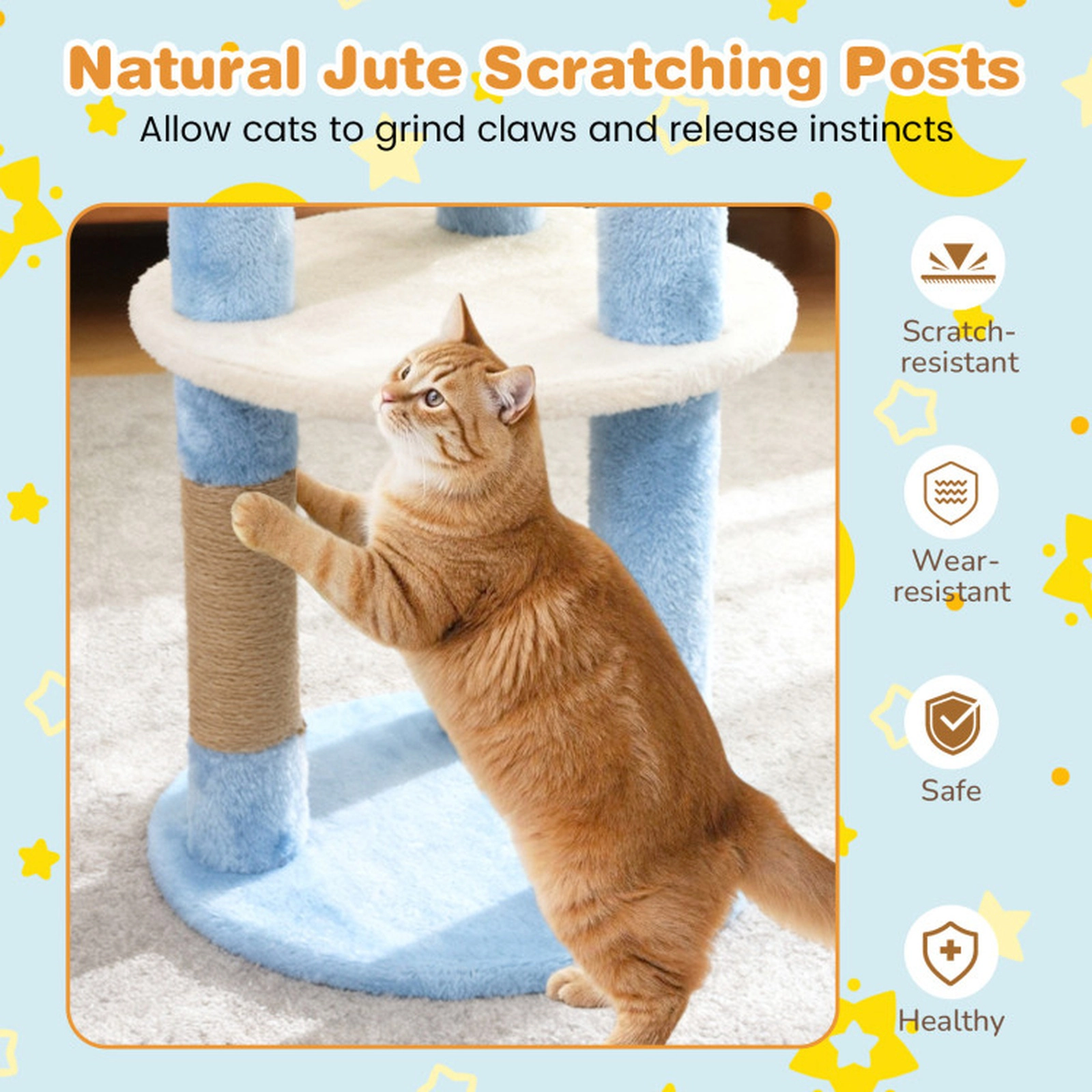 SUGIFT 29-in Blue Modern Cat Tree with Star and Moon Shaped Platforms and Jute Scratching Posts