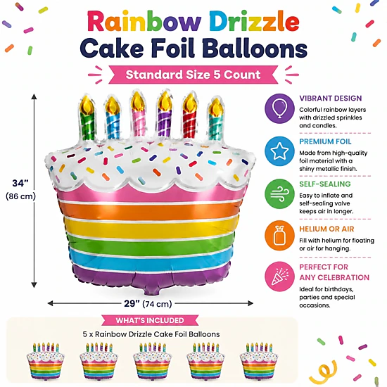 LoonBalloon Rainbow Drizzle Cake Foil Balloons - 18 in, 5 Pack, Color ...
