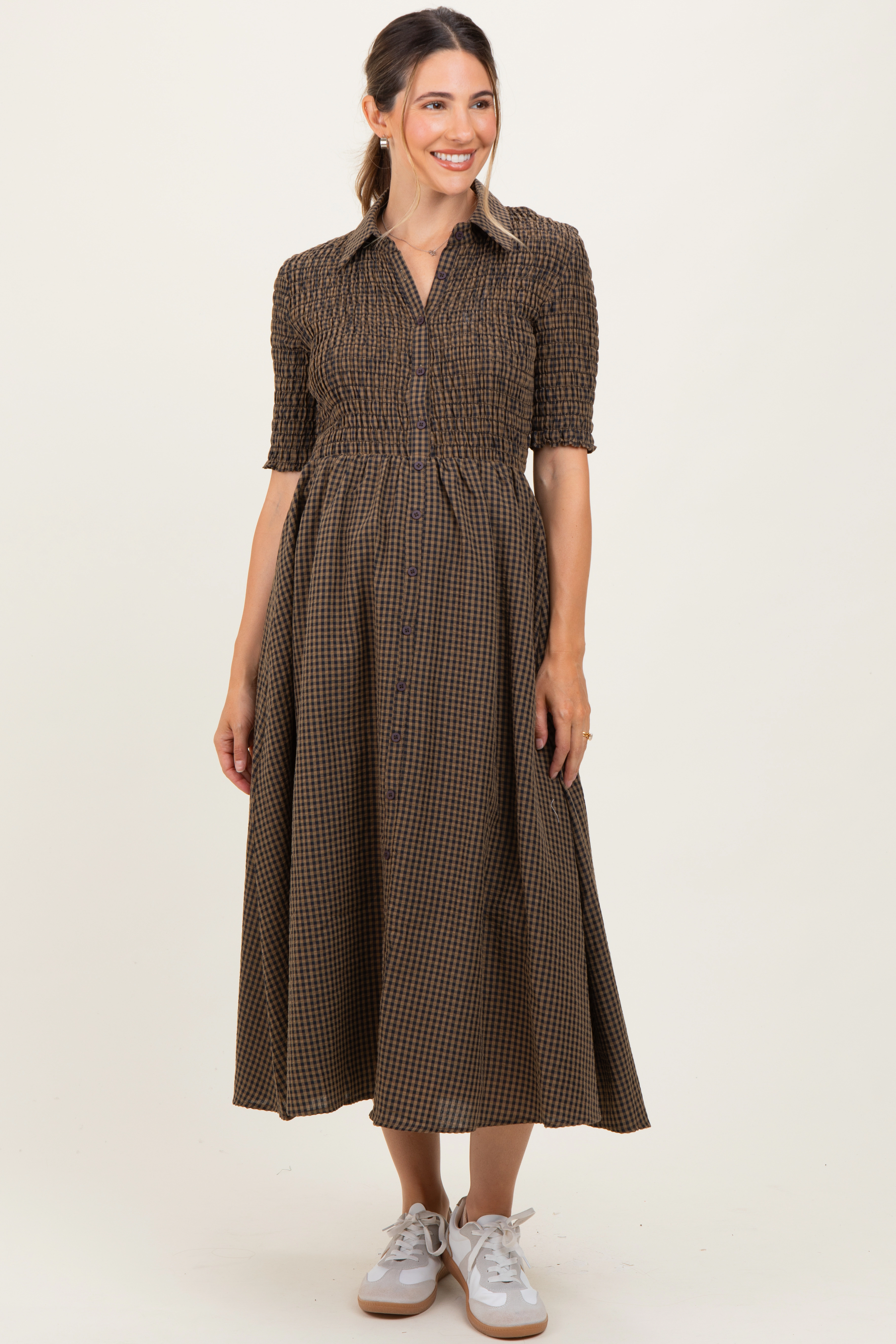PinkBlush Womens Brown Gingham Smocked Button Down Maternity Midi Dress