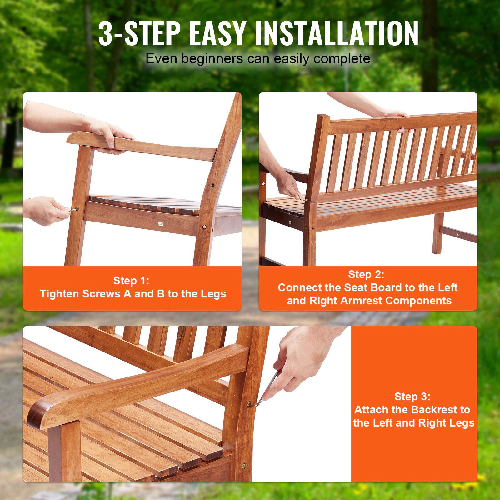 HONGGE Outdoor Bench Wood Garden Bench for Outdoors Outdoor Garden Park Bench with Backrest and Armrests Capacity Bench