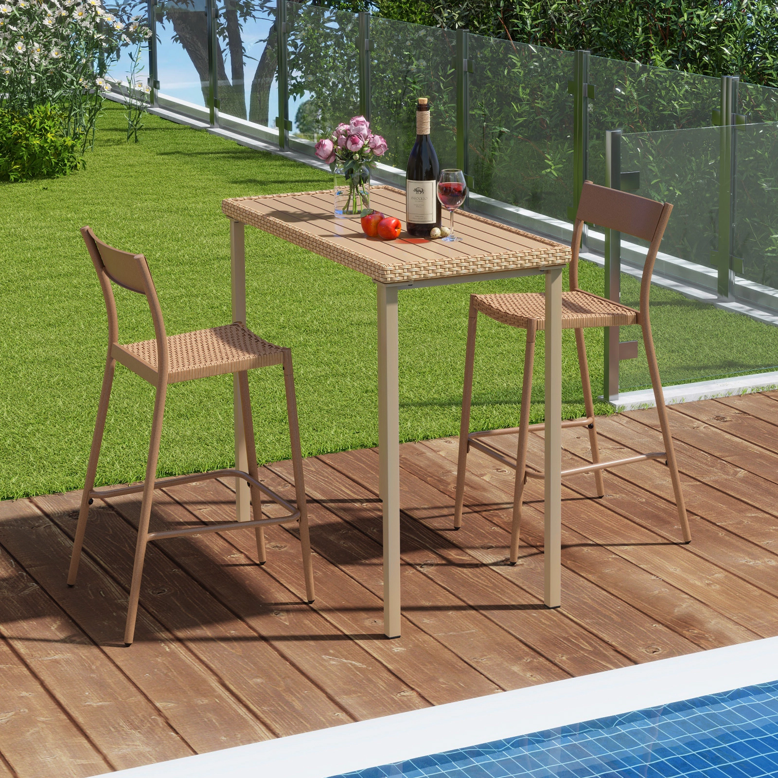 SUGIFT 3-Piece Outdoor Patio Bar Set, 48-Inch Table and 2 Stackable Armless PE Rattan Chairs